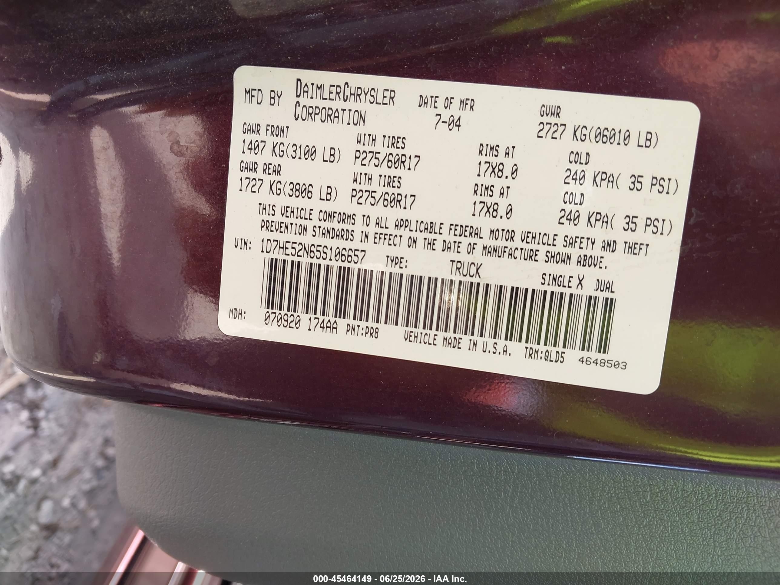 2005 Dodge Dakota Laramie Burgundy vin: 1D7HE52N65S106657