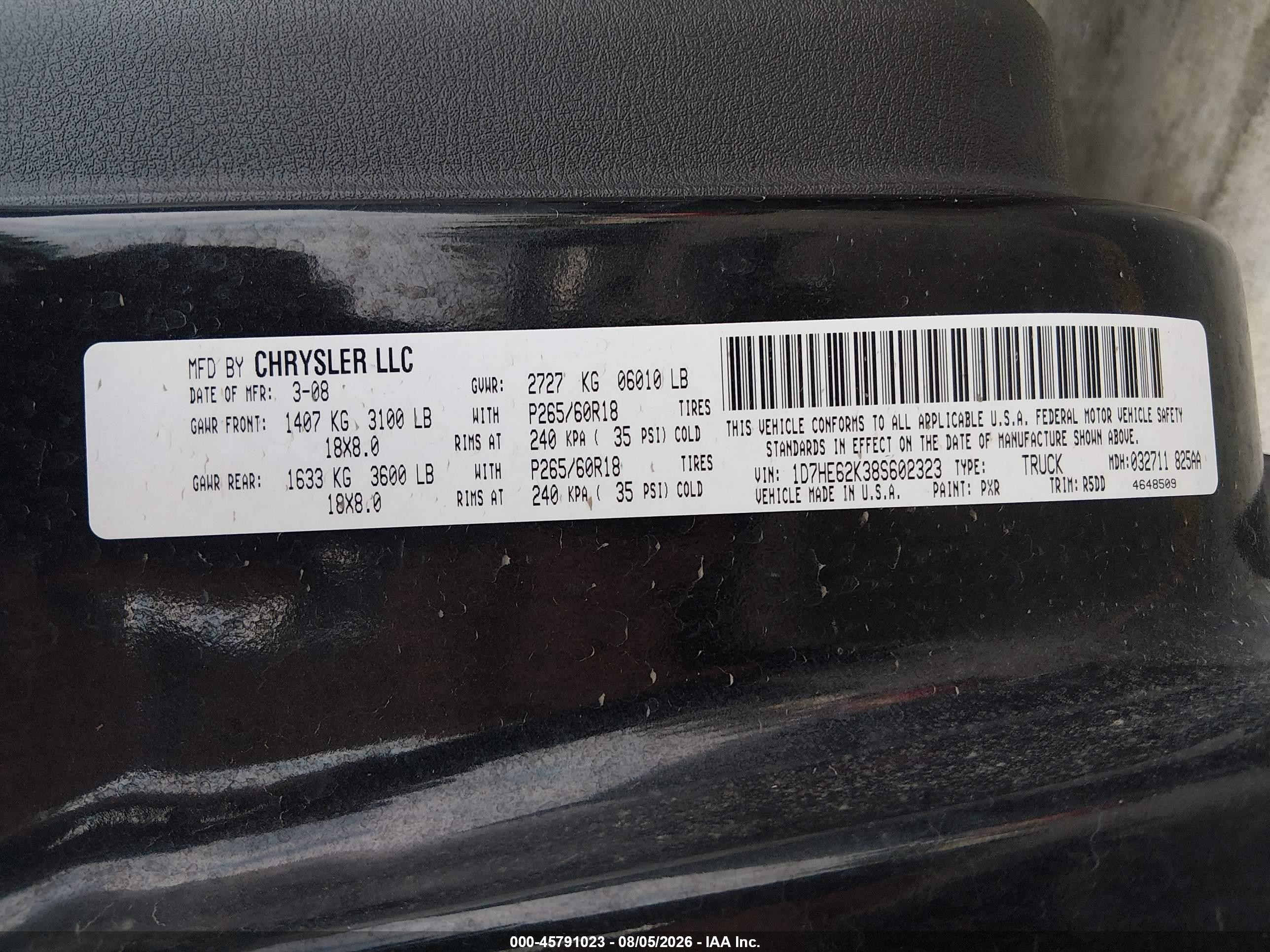 2008 Dodge Dakota Sport Black vin: 1D7HE62K38S602323