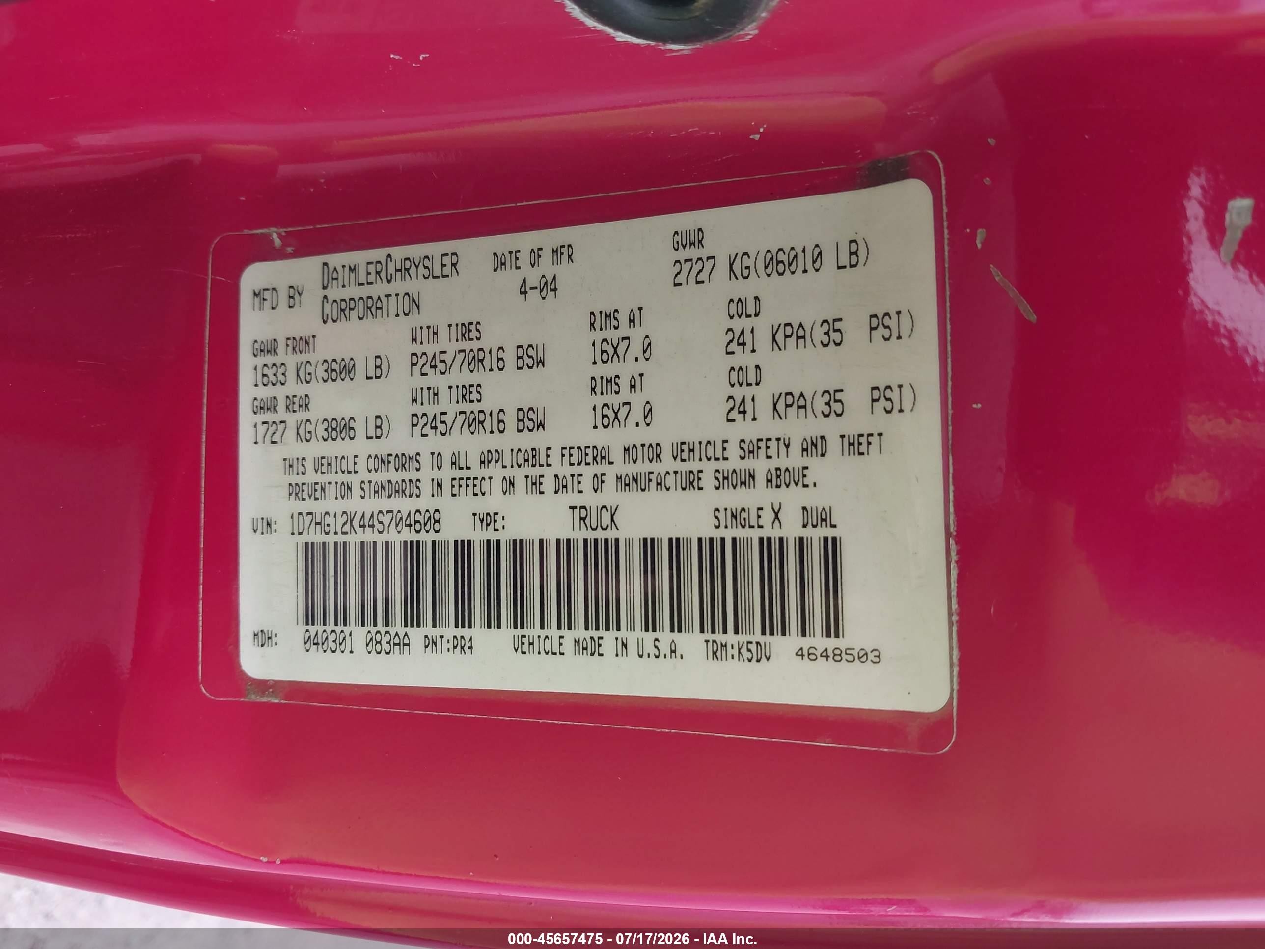 2004 Dodge Dakota   Red vin: 1D7HG12K44S704608
