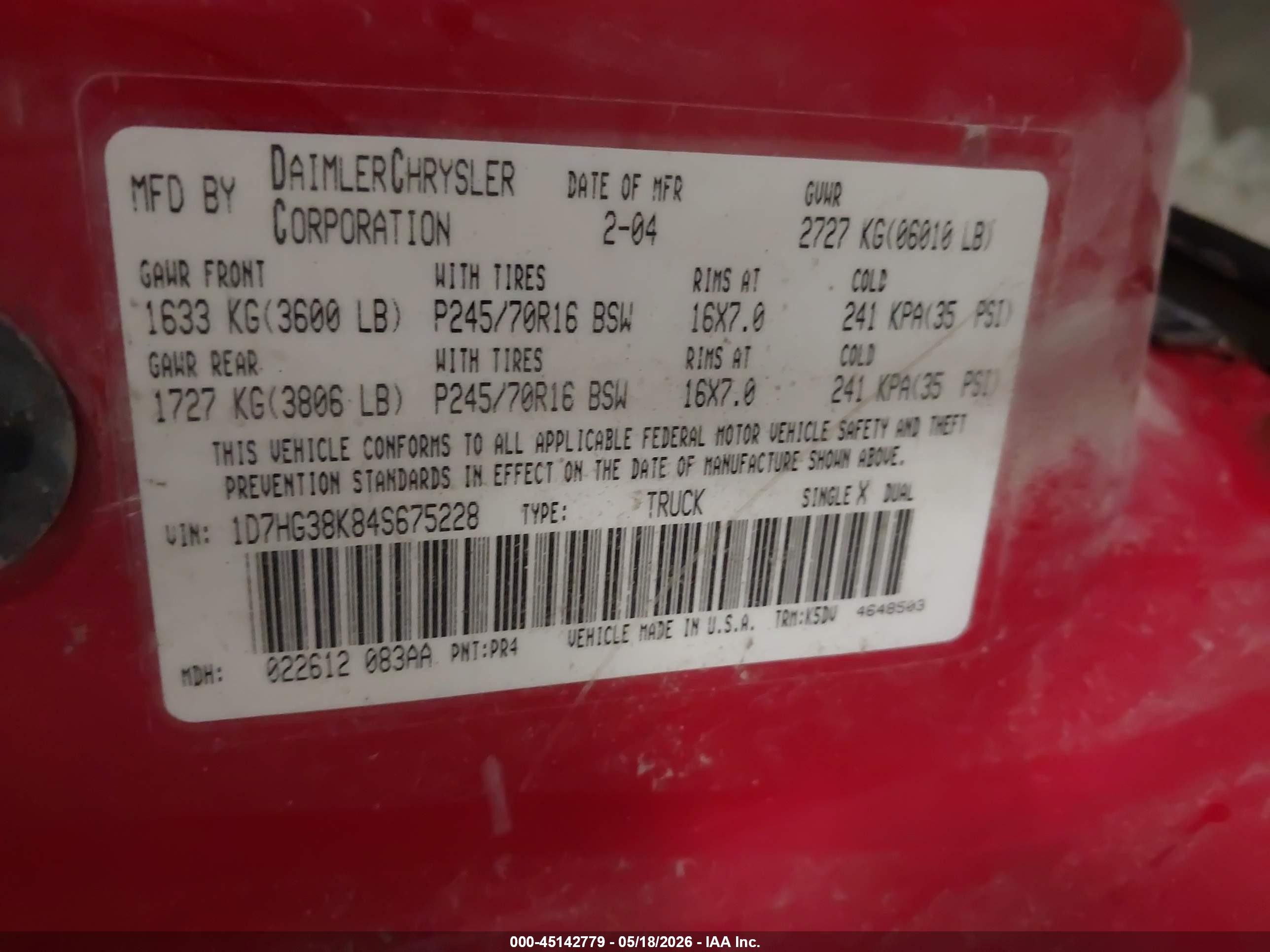 2004 Dodge Dakota Sport/sxt Red vin: 1D7HG38K84S675228