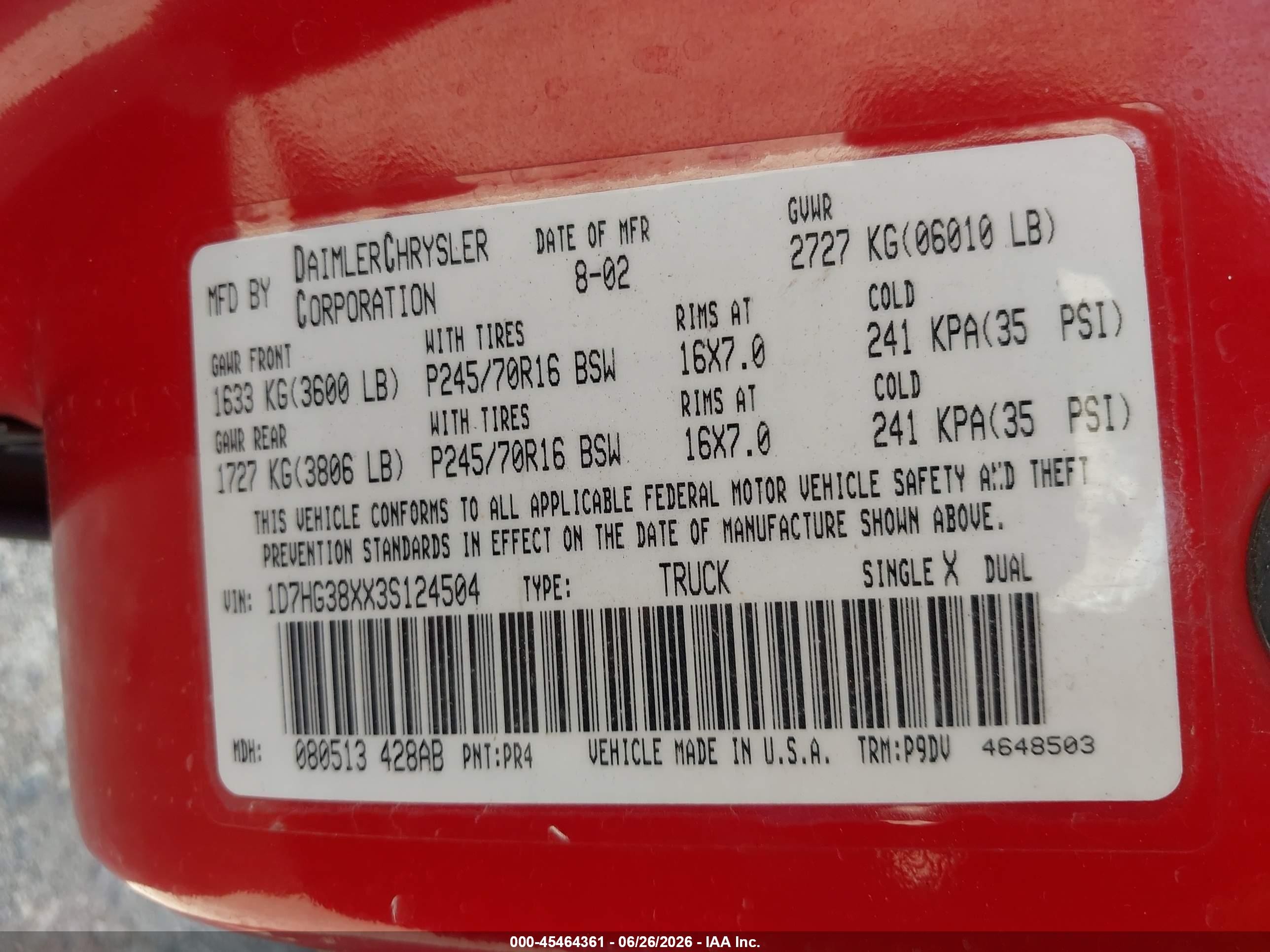 2003 Dodge Dakota Sport/sxt Red vin: 1D7HG38XX3S124504