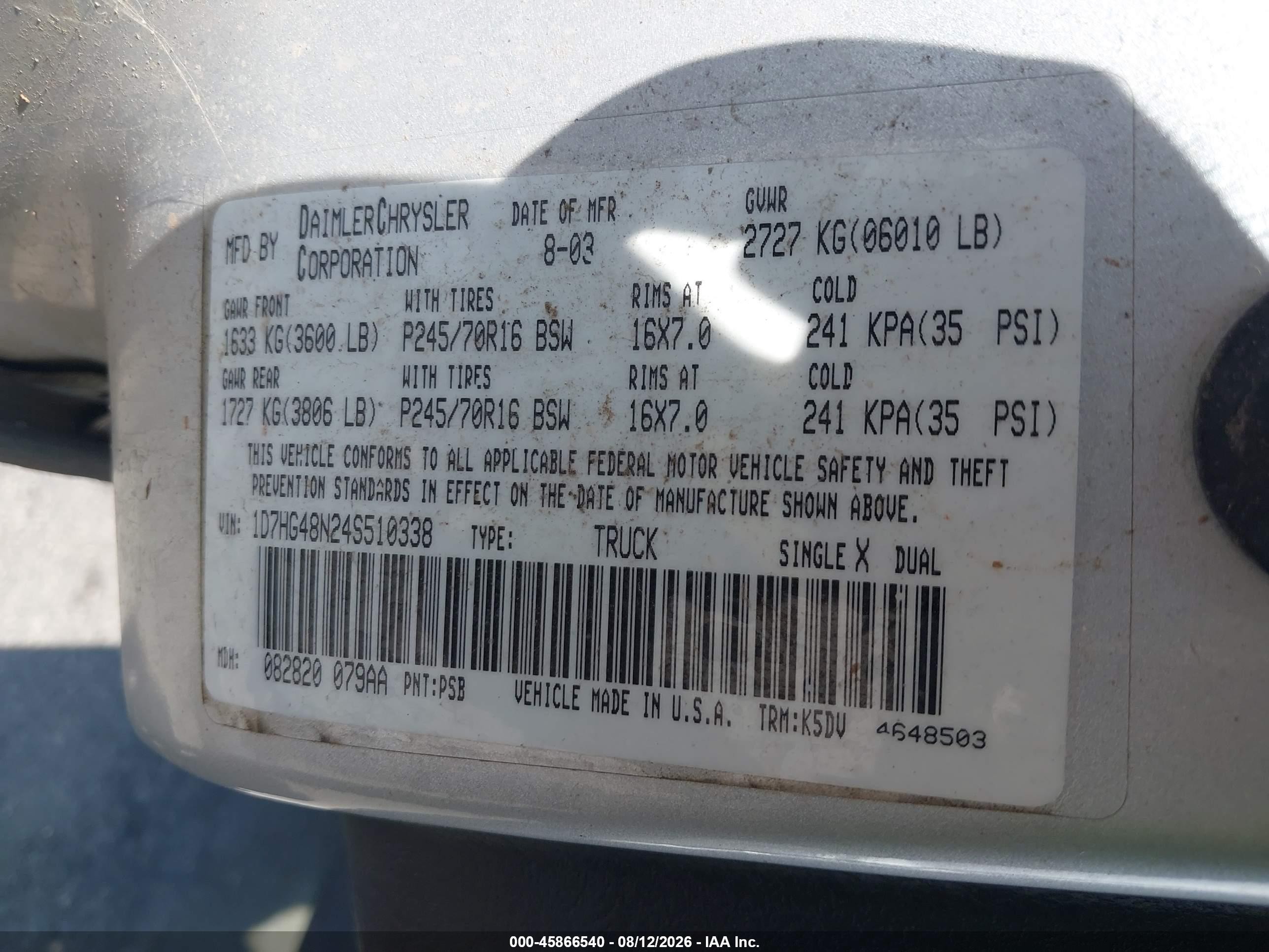 2004 Dodge Dakota Slt Silver vin: 1D7HG48N24S510338