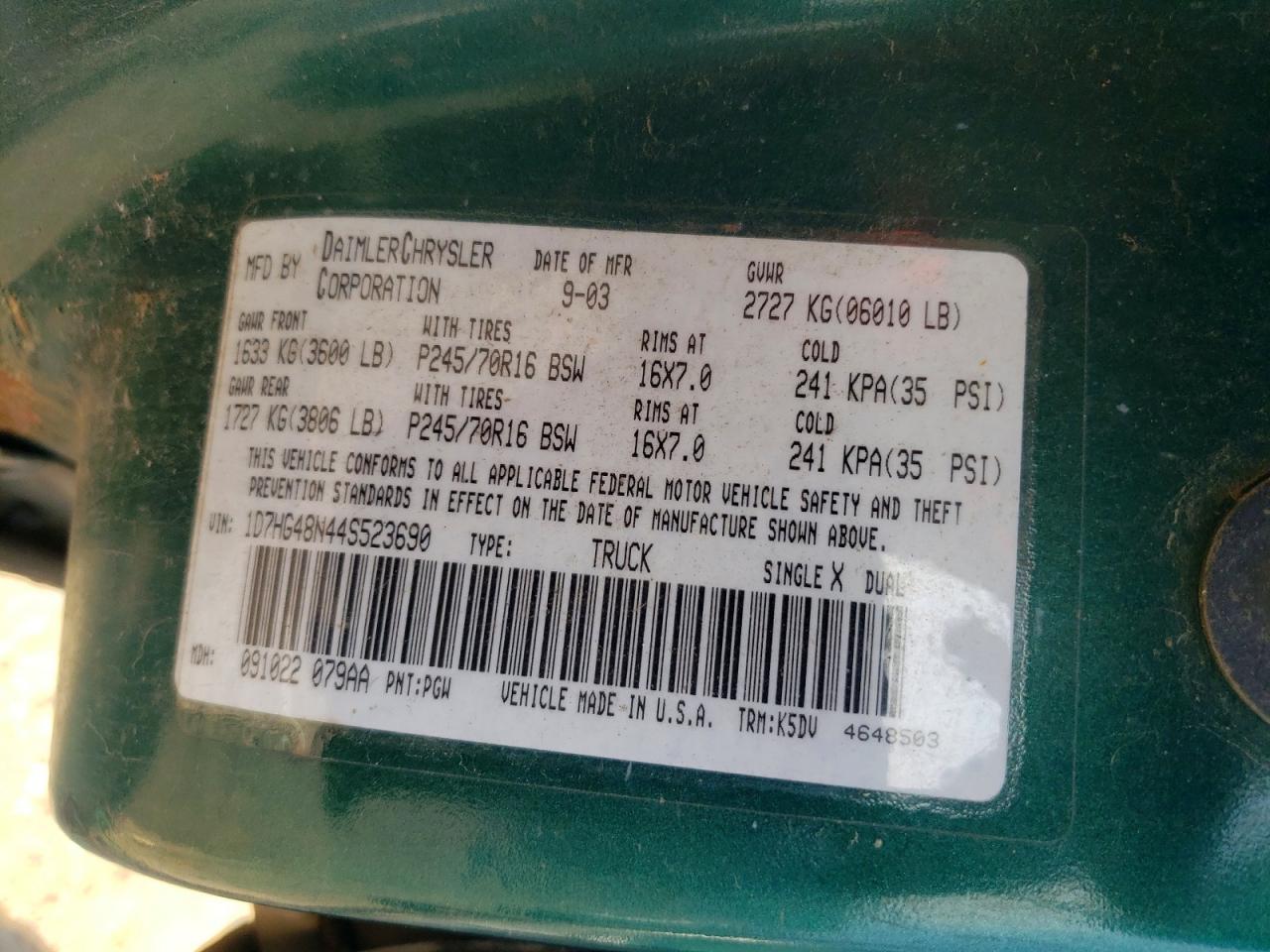 2004 Dodge Dakota Quad Slt Green vin: 1D7HG48N44S523690