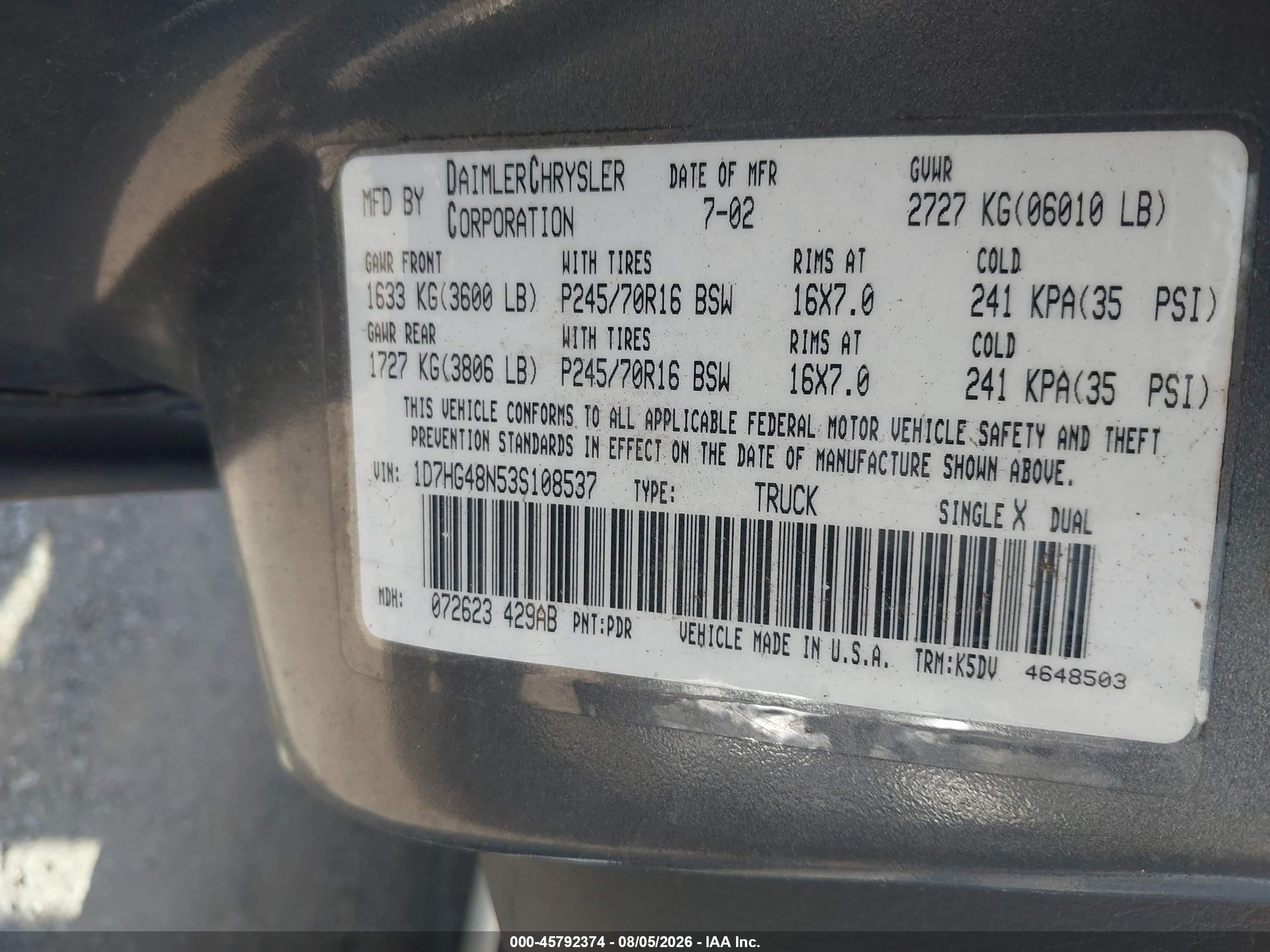 2003 Dodge Dakota Slt Gray vin: 1D7HG48N53S108537