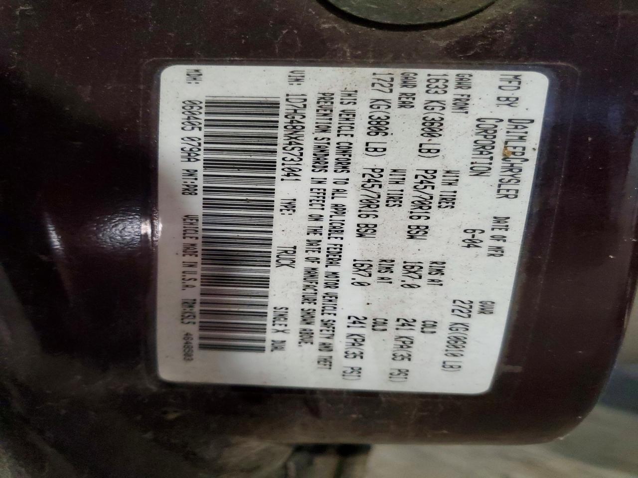 2004 Dodge Dakota Quad Slt Burgundy vin: 1D7HG48NX4S731041
