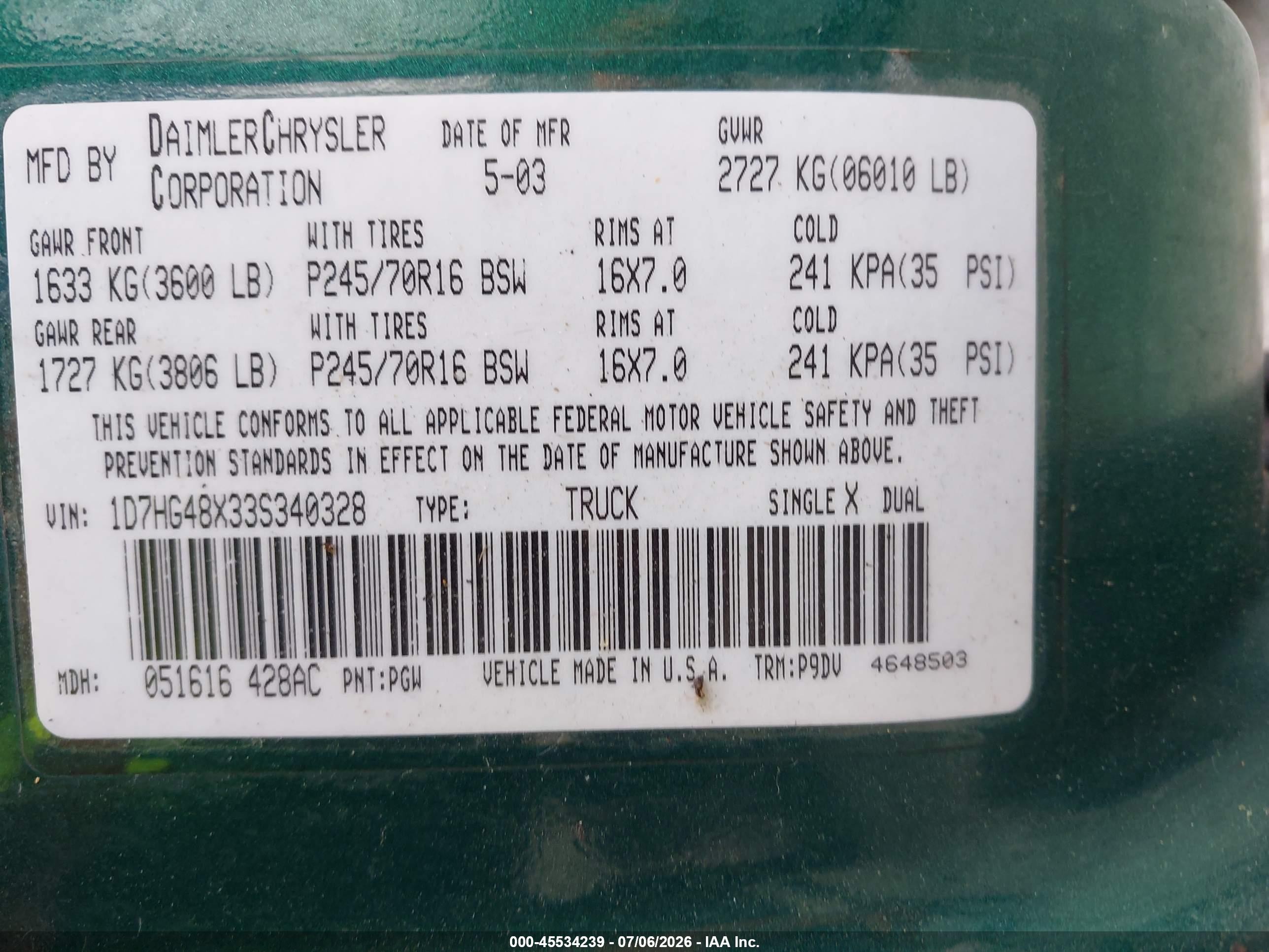 2003 Dodge Dakota Slt Green vin: 1D7HG48X33S340328