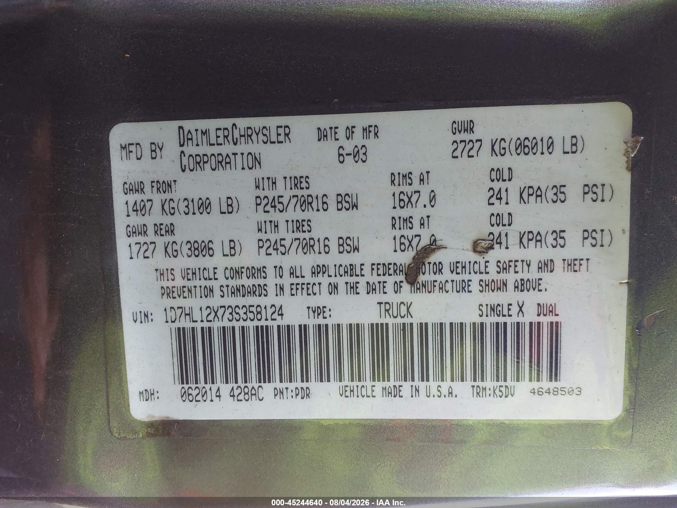 2003 Dodge Dakota Gray vin: 1D7HL12X73S358124