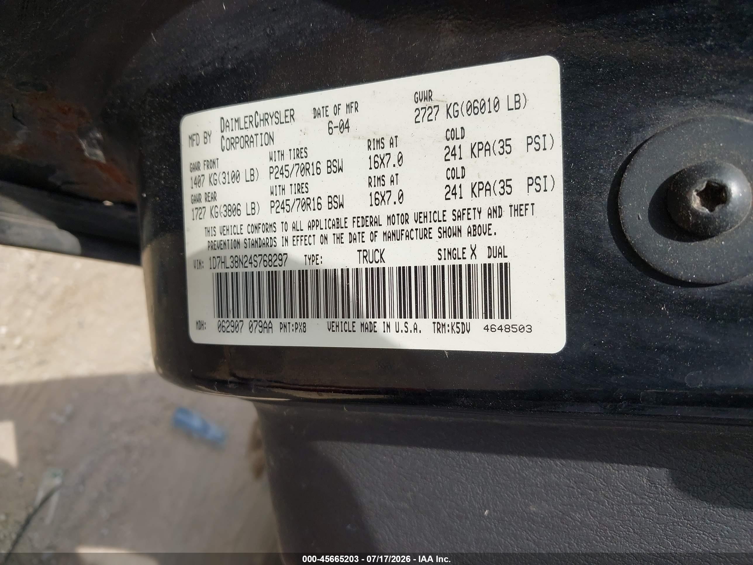 2004 Dodge Dakota Sport/sxt Black vin: 1D7HL38N24S768297