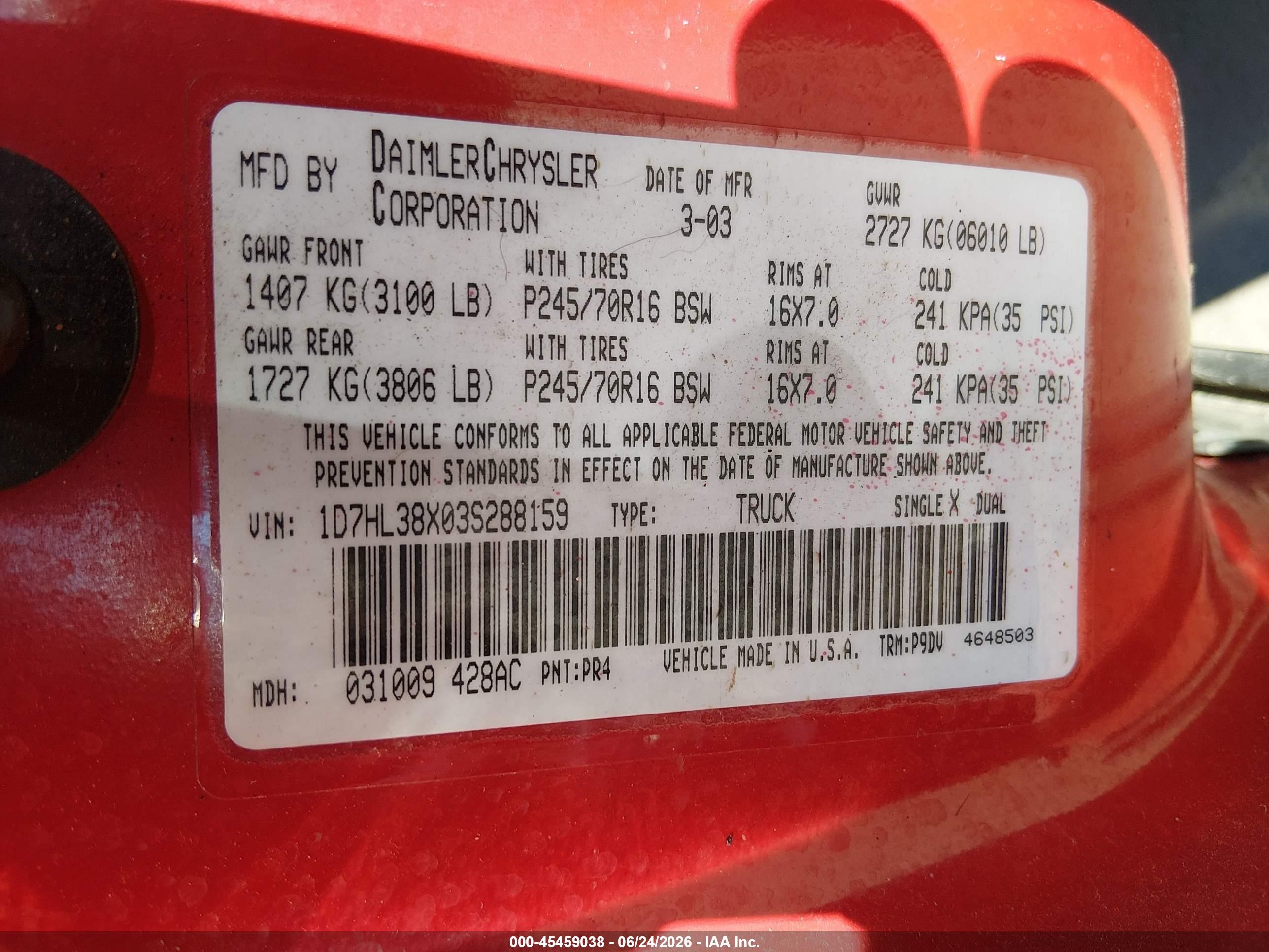 2003 Dodge Dakota Sport/sxt Red vin: 1D7HL38X03S288159