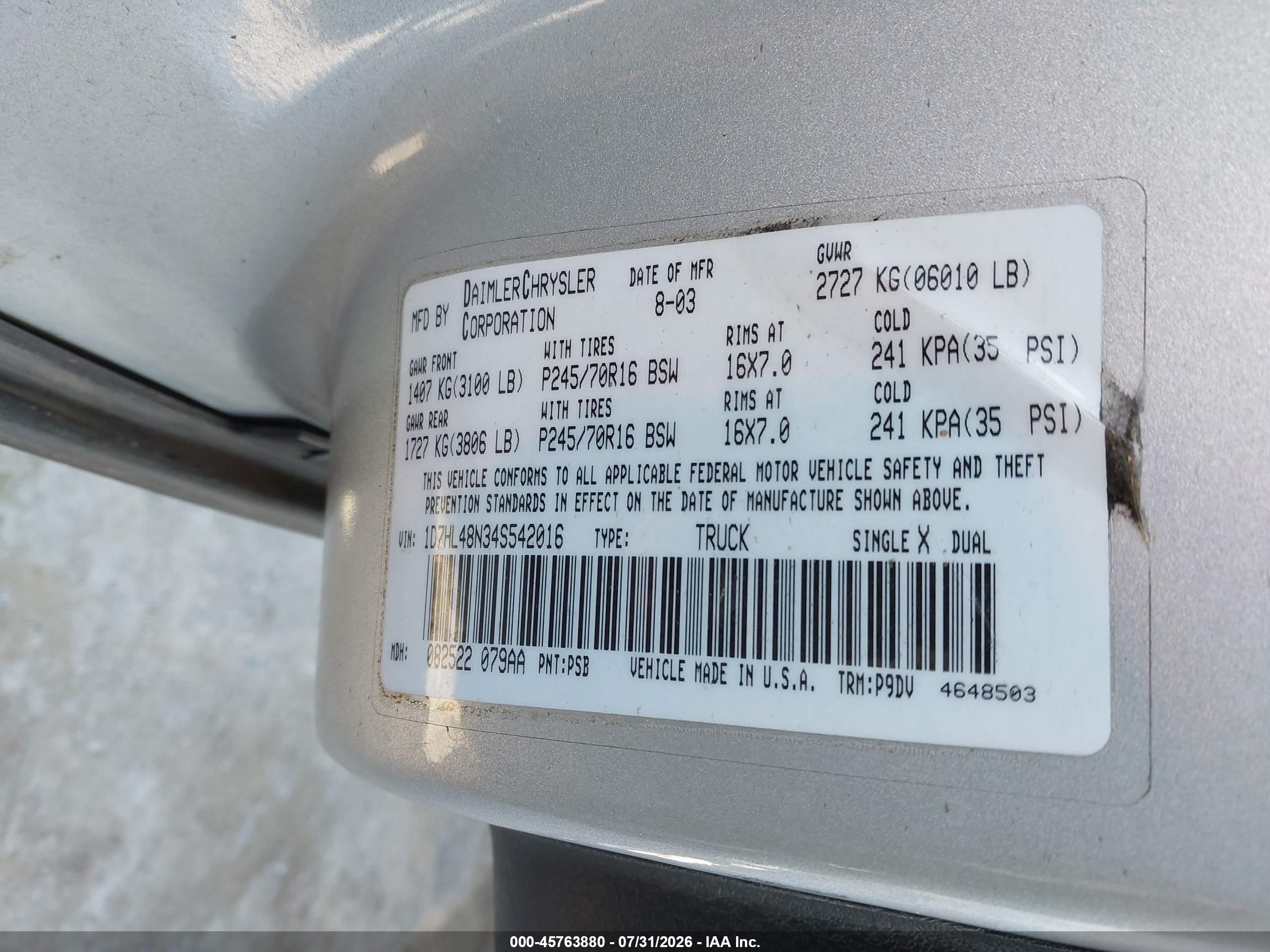 2004 Dodge Dakota Slt Silver vin: 1D7HL48N34S542016
