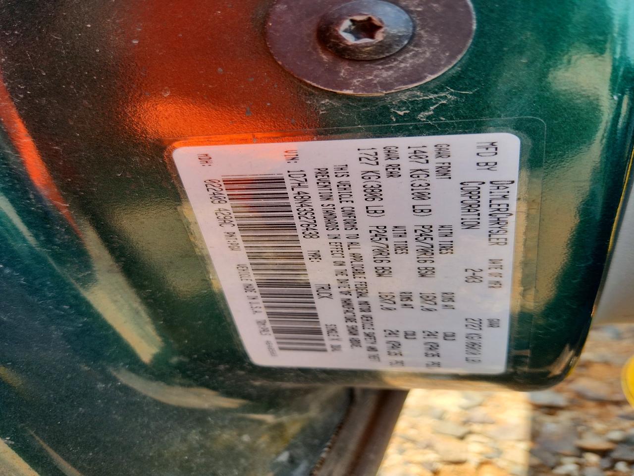2003 Dodge Dakota Quad Slt Green vin: 1D7HL48N43S276438