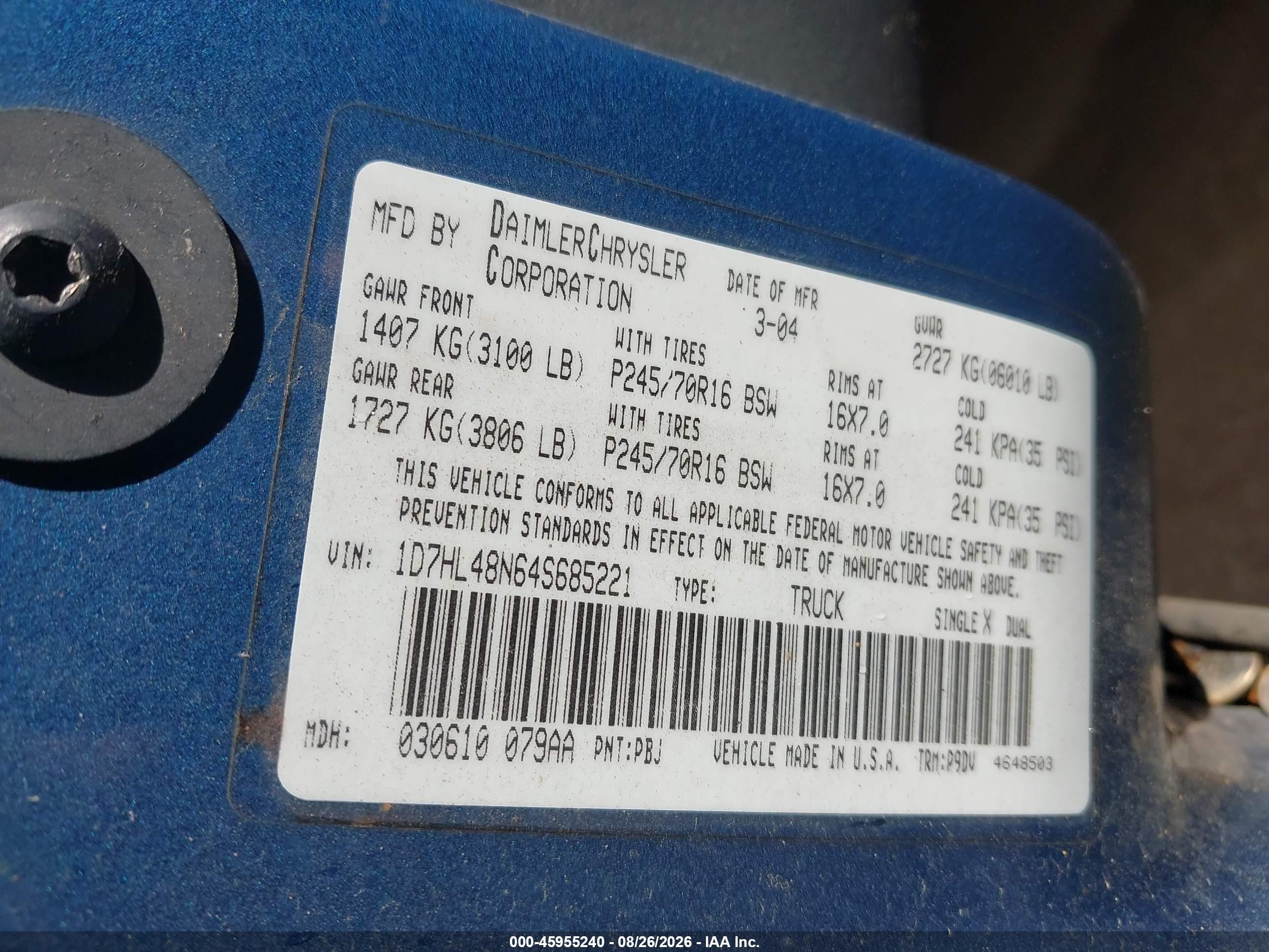 2004 Dodge Dakota Slt Blue vin: 1D7HL48N64S685221