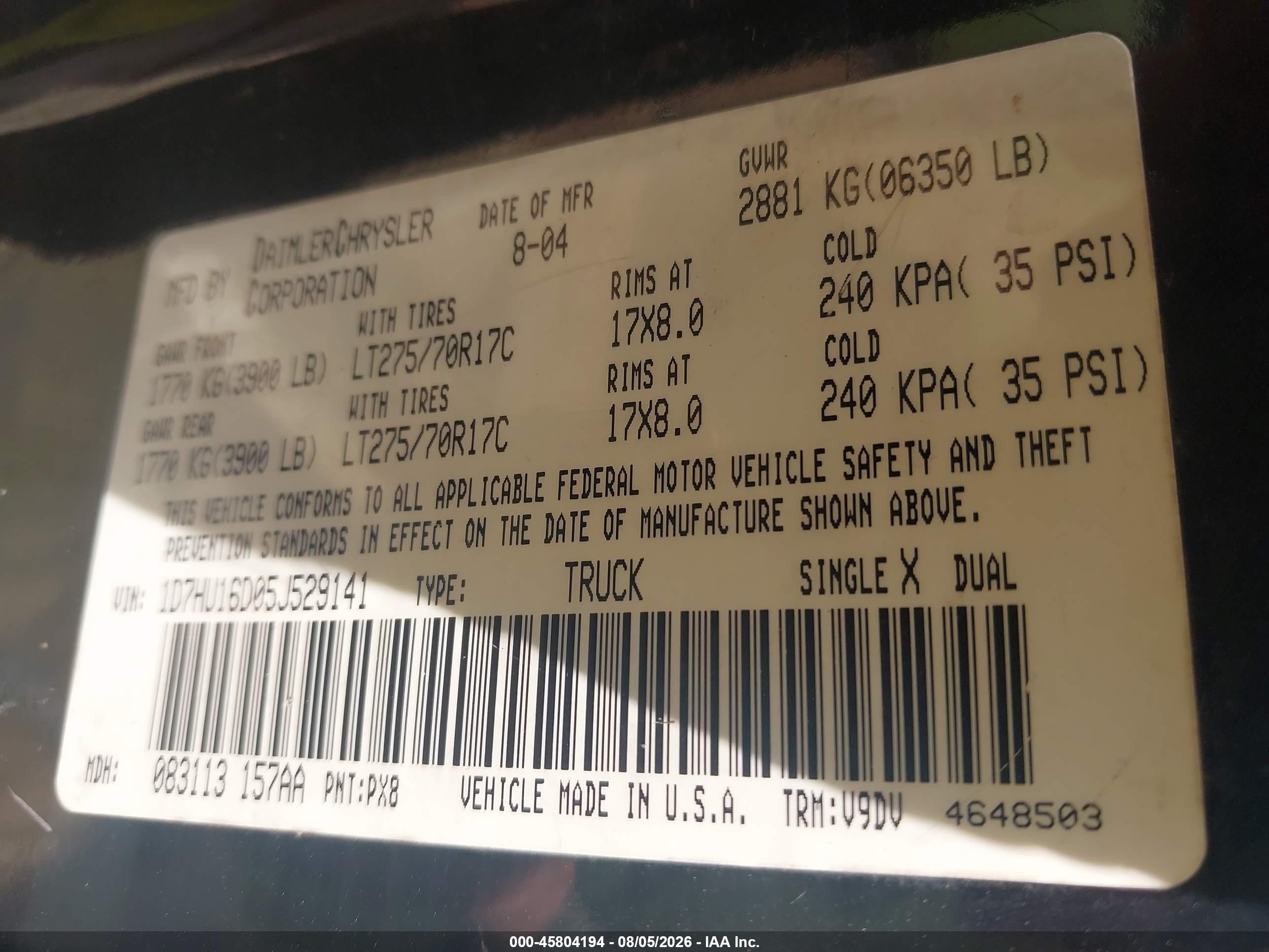 2005 Dodge Ram 1500 Slt/laramie Черный vin: 1D7HU16D05J529141