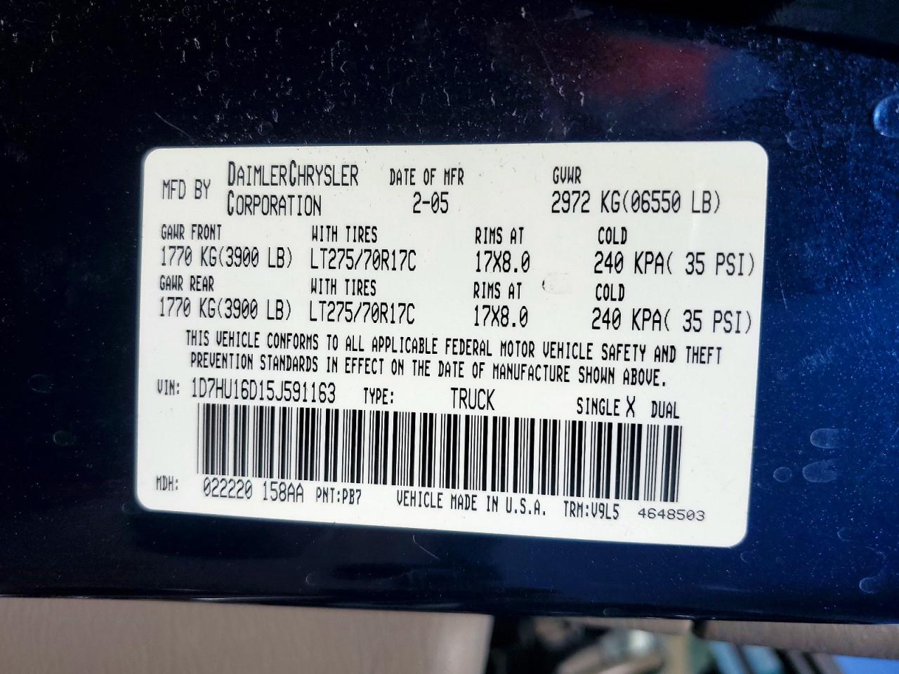2005 Dodge Ram 1500 St Blue vin: 1D7HU16D15J591163