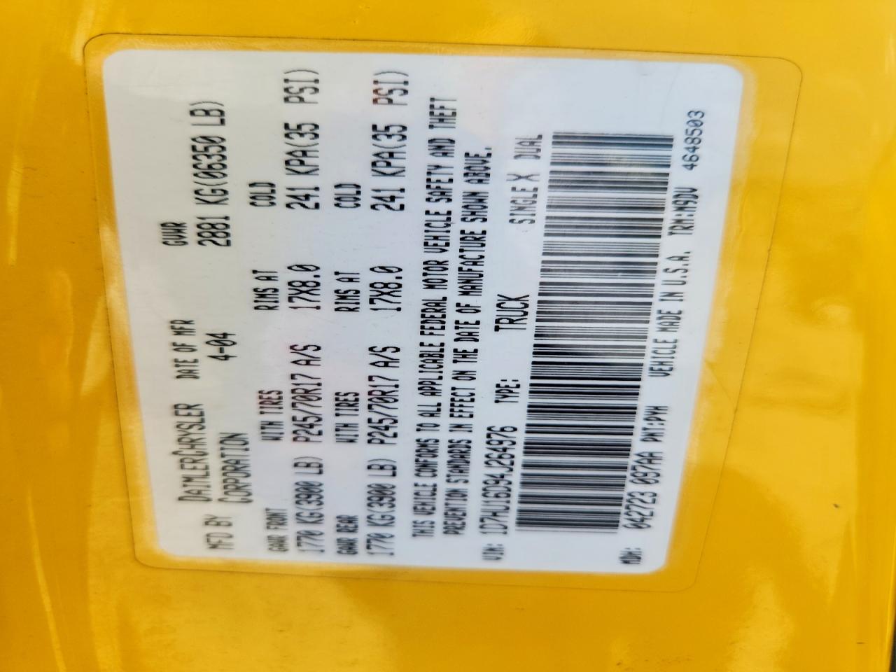 2004 Dodge Ram 1500 St Yellow vin: 1D7HU16D94J264976