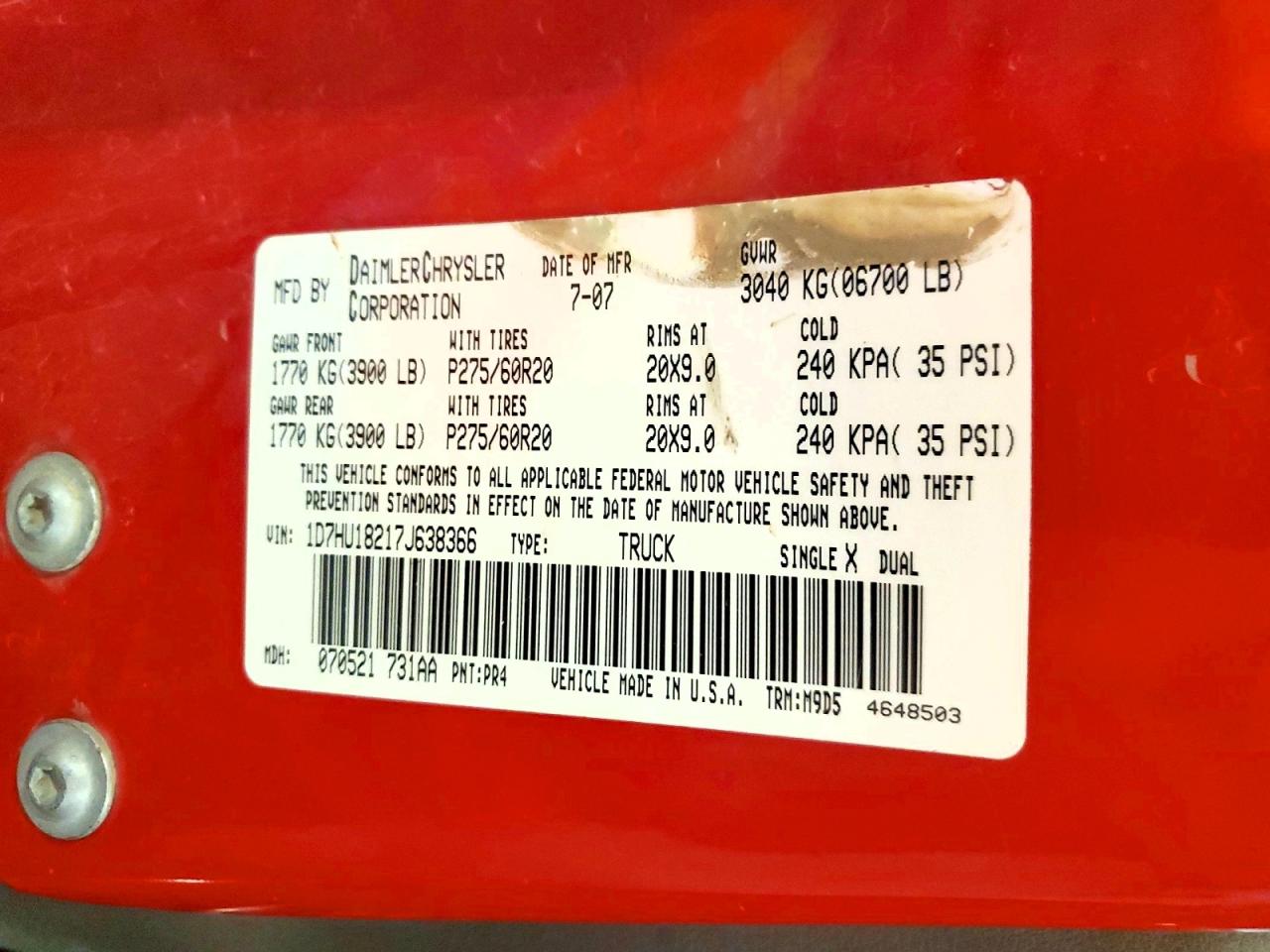 2007 Dodge Ram 1500 Red vin: 1D7HU18217J638366