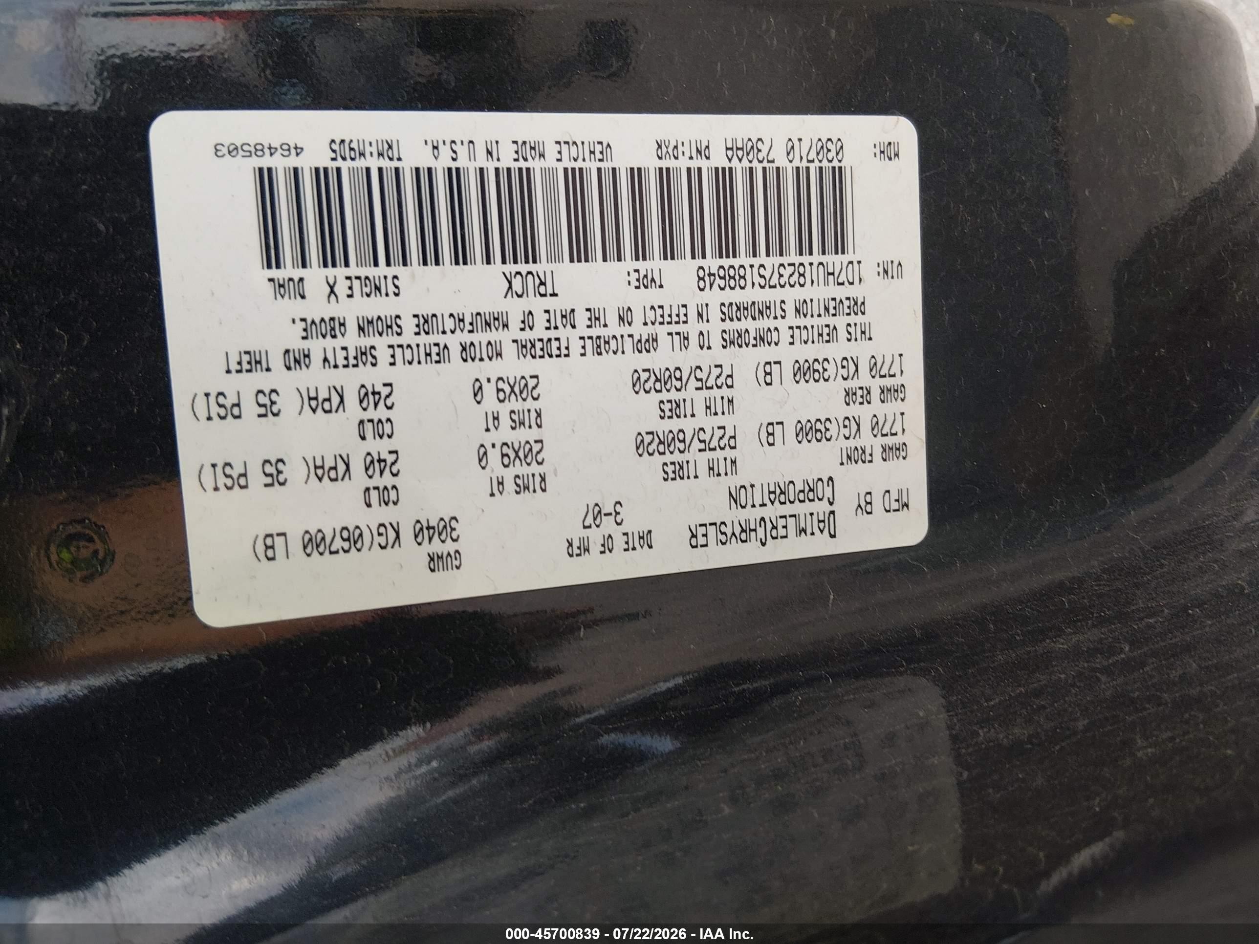 2007 Dodge Ram 1500 St/slt Black vin: 1D7HU18237S188648