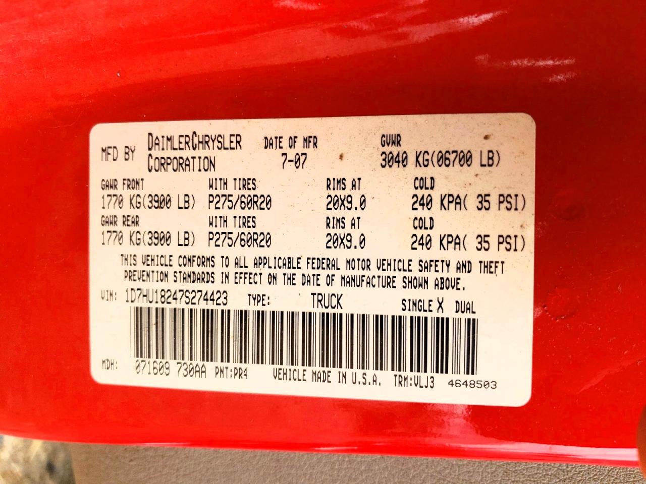 2007 Dodge Ram 1500 St Red vin: 1D7HU18247S274423