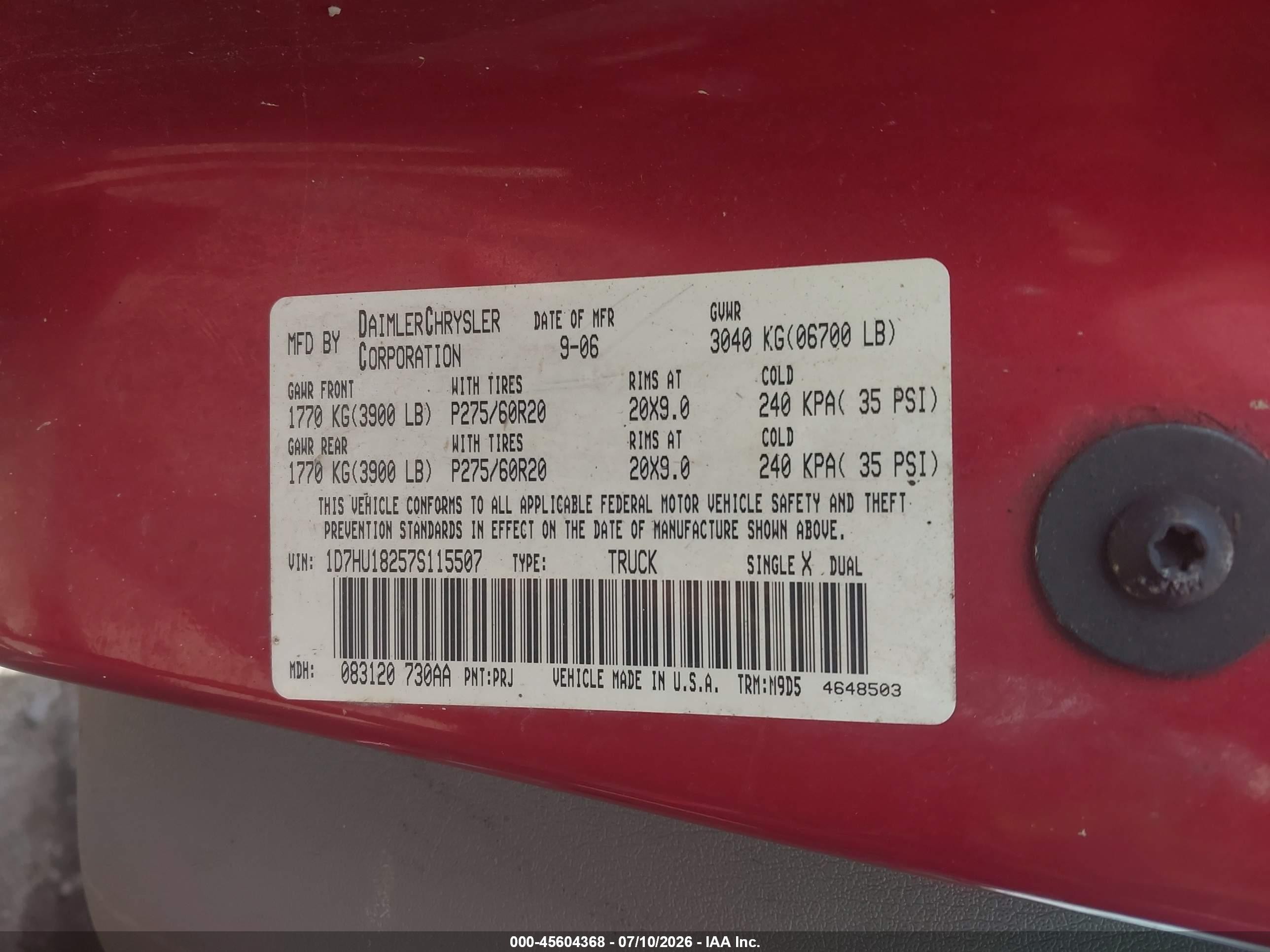 2007 Dodge Ram 1500 Slt/trx4 Off Road/sport Red vin: 1D7HU18257S115507