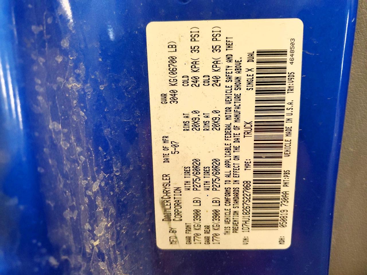 2007 Dodge Ram 1500 St Blue vin: 1D7HU18267S227068