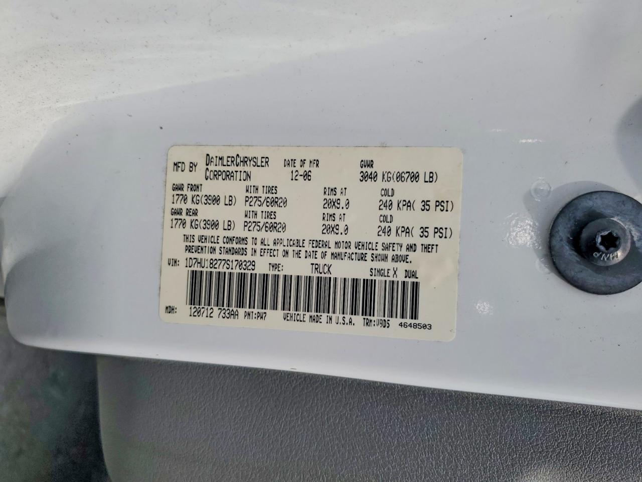 2007 Dodge Ram 1500 St White vin: 1D7HU18277S170329