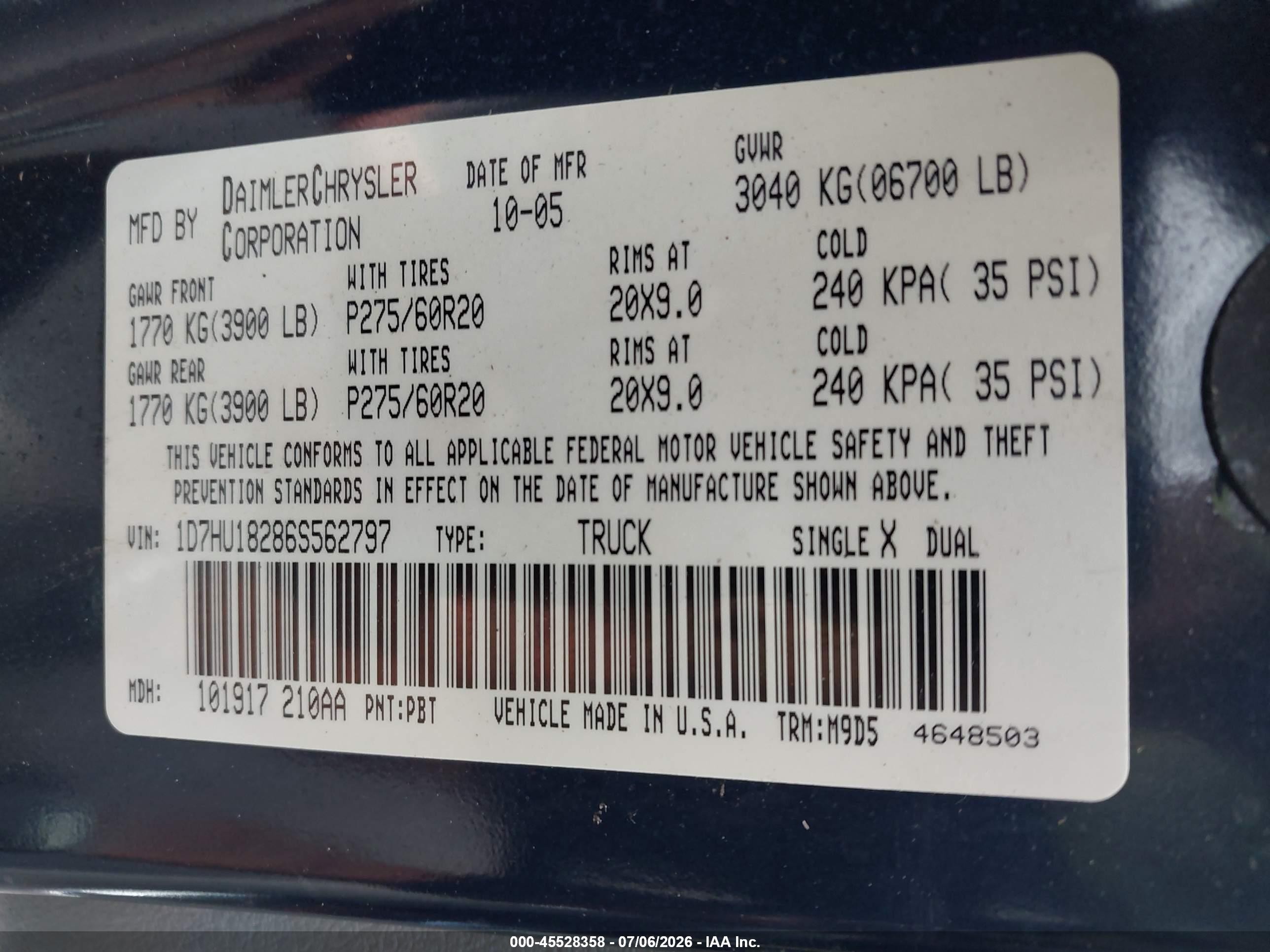 2006 Dodge Ram 1500 St/slt Blue vin: 1D7HU18286S562797