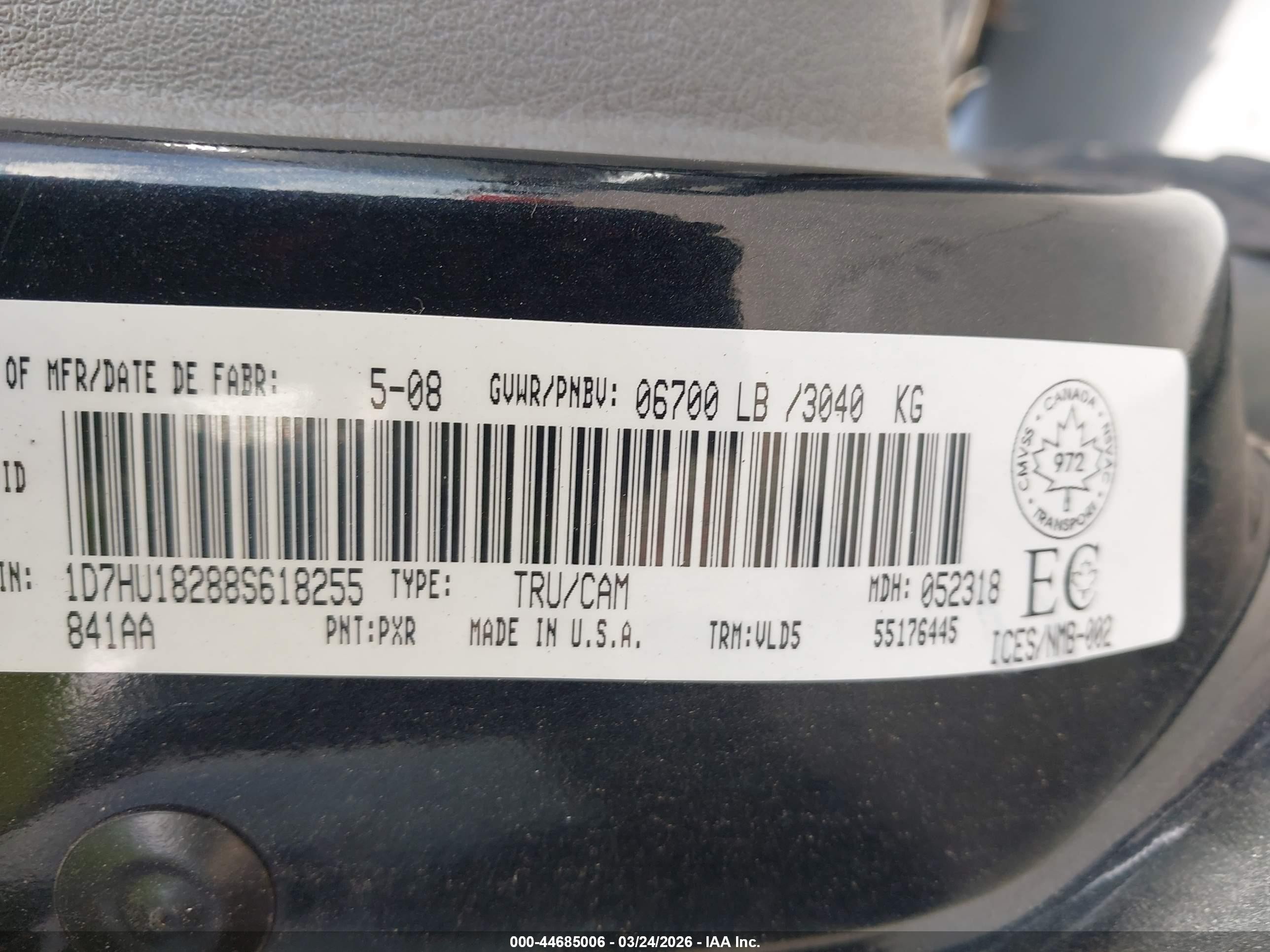 2008 Dodge Ram 1500 Slt Black vin: 1D7HU18288S618255