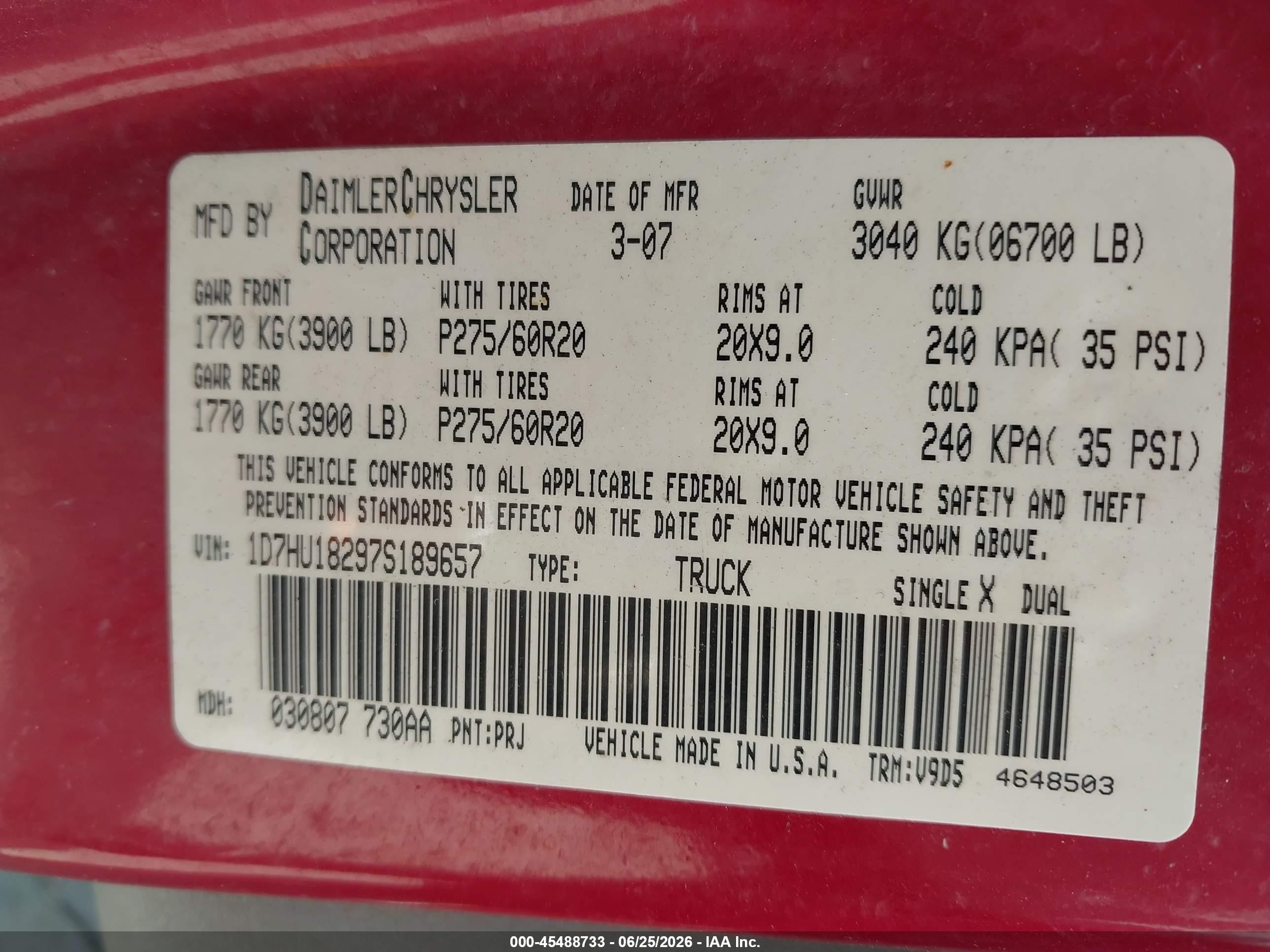 2007 Dodge Ram 1500 Slt/trx4 Off Road/sport Red vin: 1D7HU18297S189657