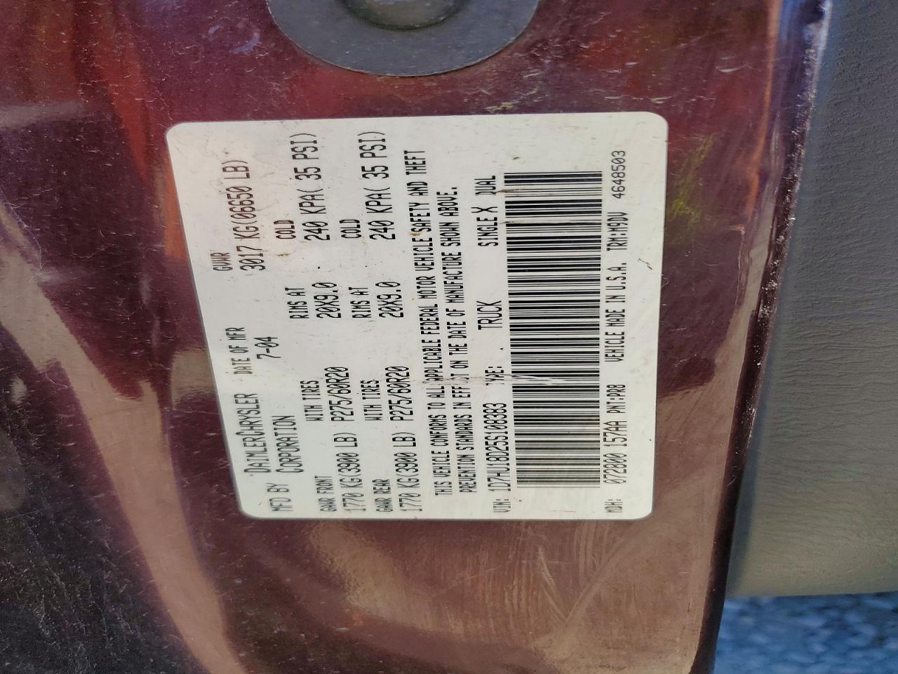 2005 Dodge Ram 1500 St Burgundy vin: 1D7HU18D25S108383