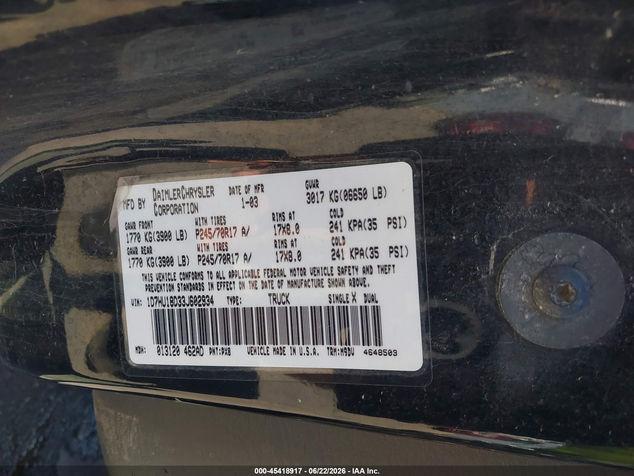 2003 Dodge Ram 1500 Slt/laramie/st Black vin: 1D7HU18D33J602934