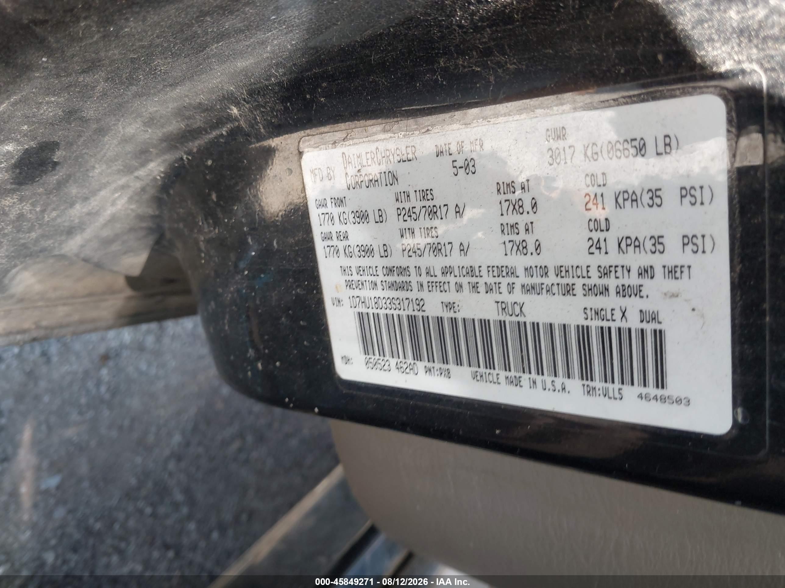 2003 Dodge Ram 1500 Slt/laramie/st Black vin: 1D7HU18D33S317192