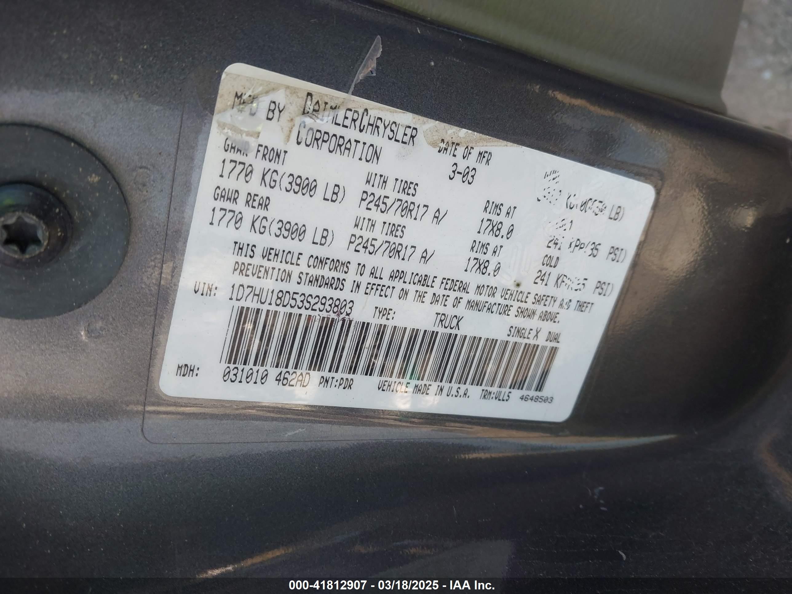 2003 Dodge Ram 1500   Серый vin: 1D7HU18D53S293803