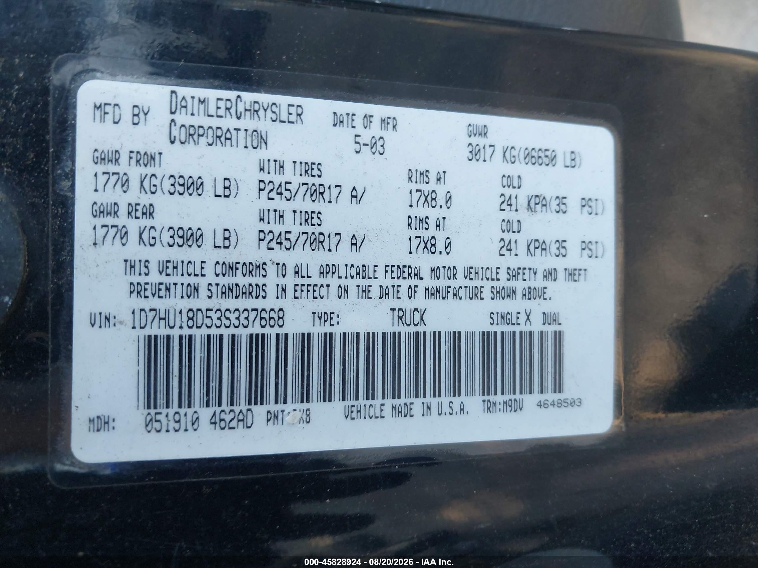 2003 Dodge Ram 1500 Slt/laramie/st Black vin: 1D7HU18D53S337668