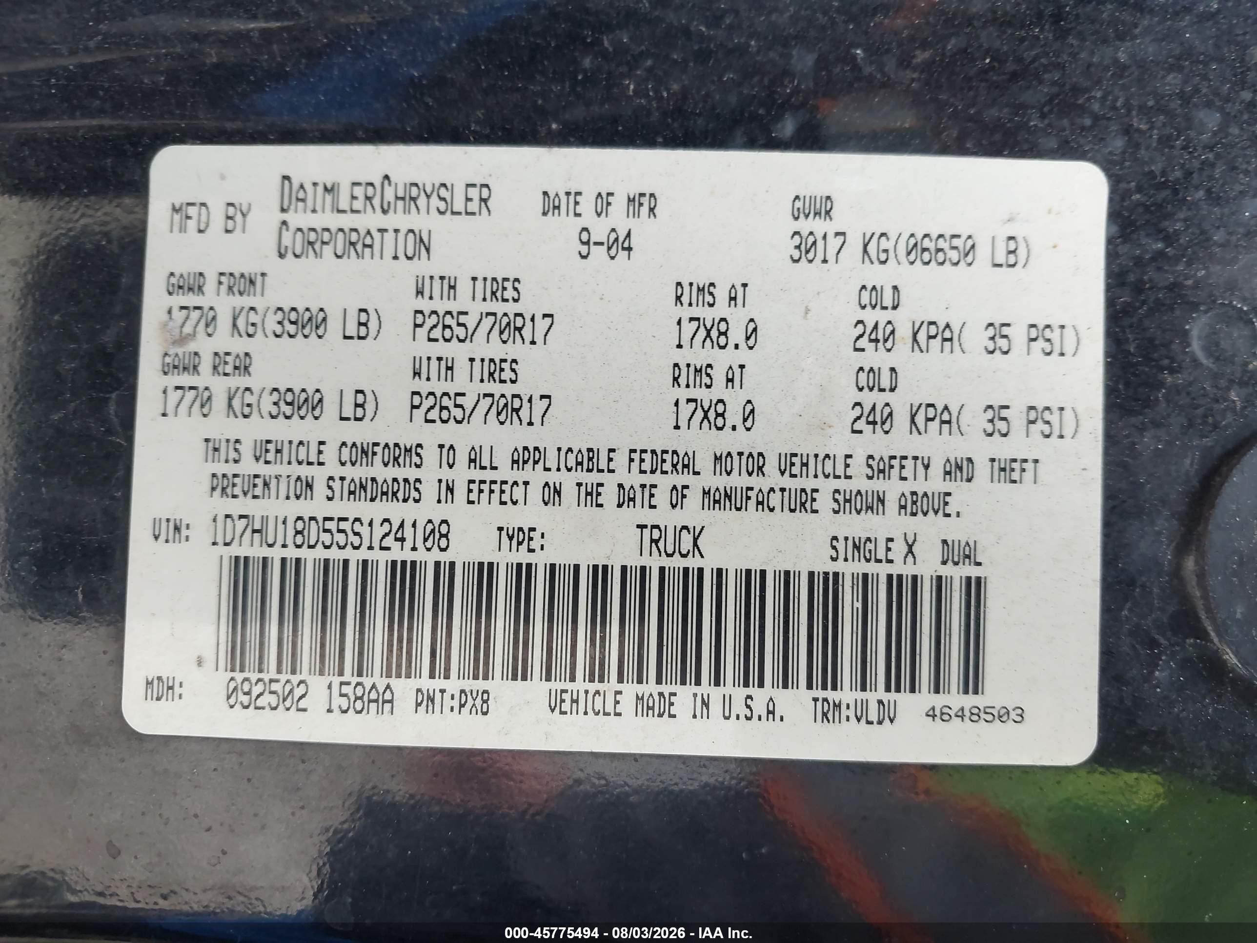 2005 Dodge Ram 1500 Slt/laramie Blue vin: 1D7HU18D55S124108