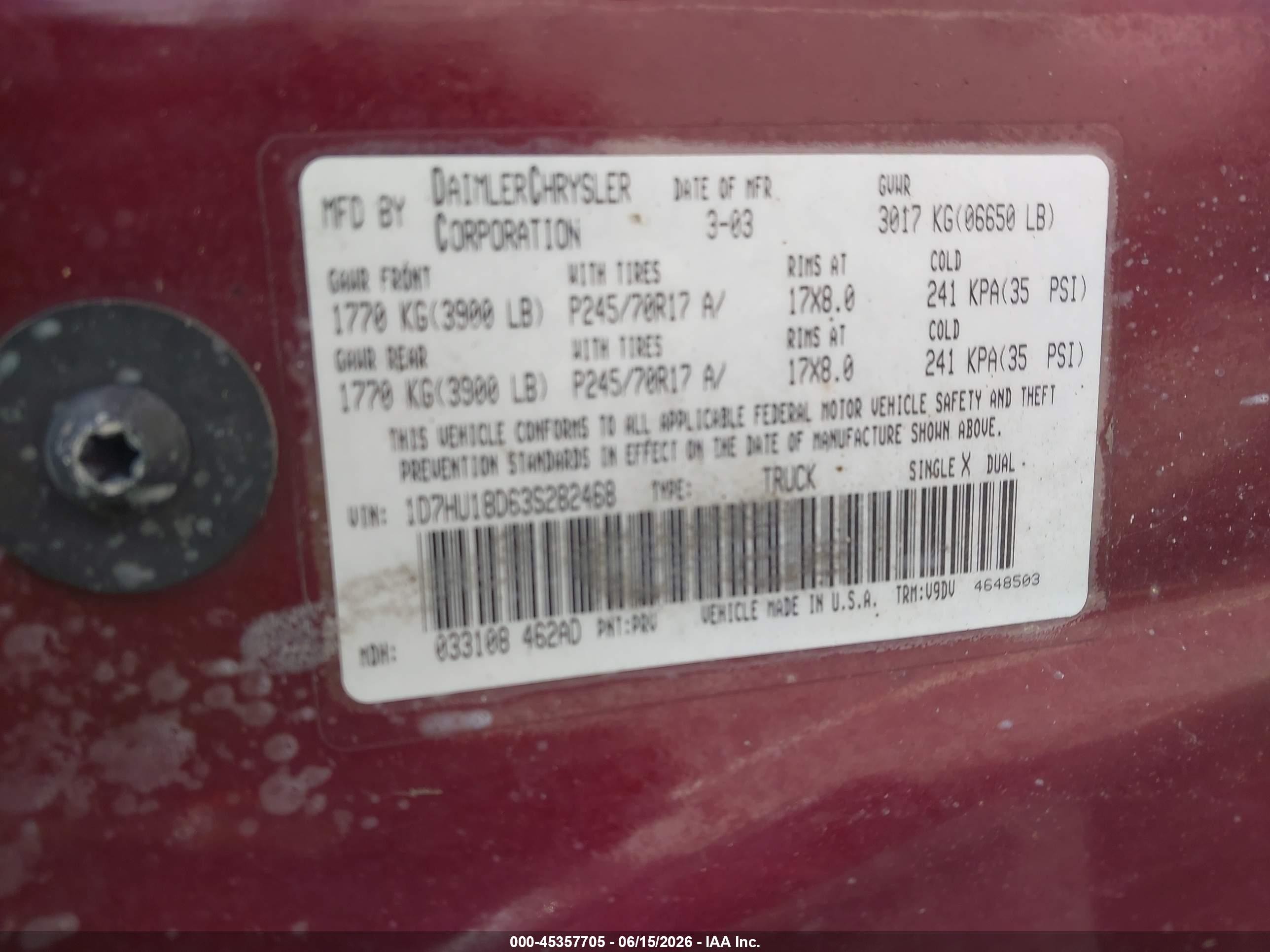 2003 Dodge Ram 1500 Slt/laramie/st Burgundy vin: 1D7HU18D63S282468