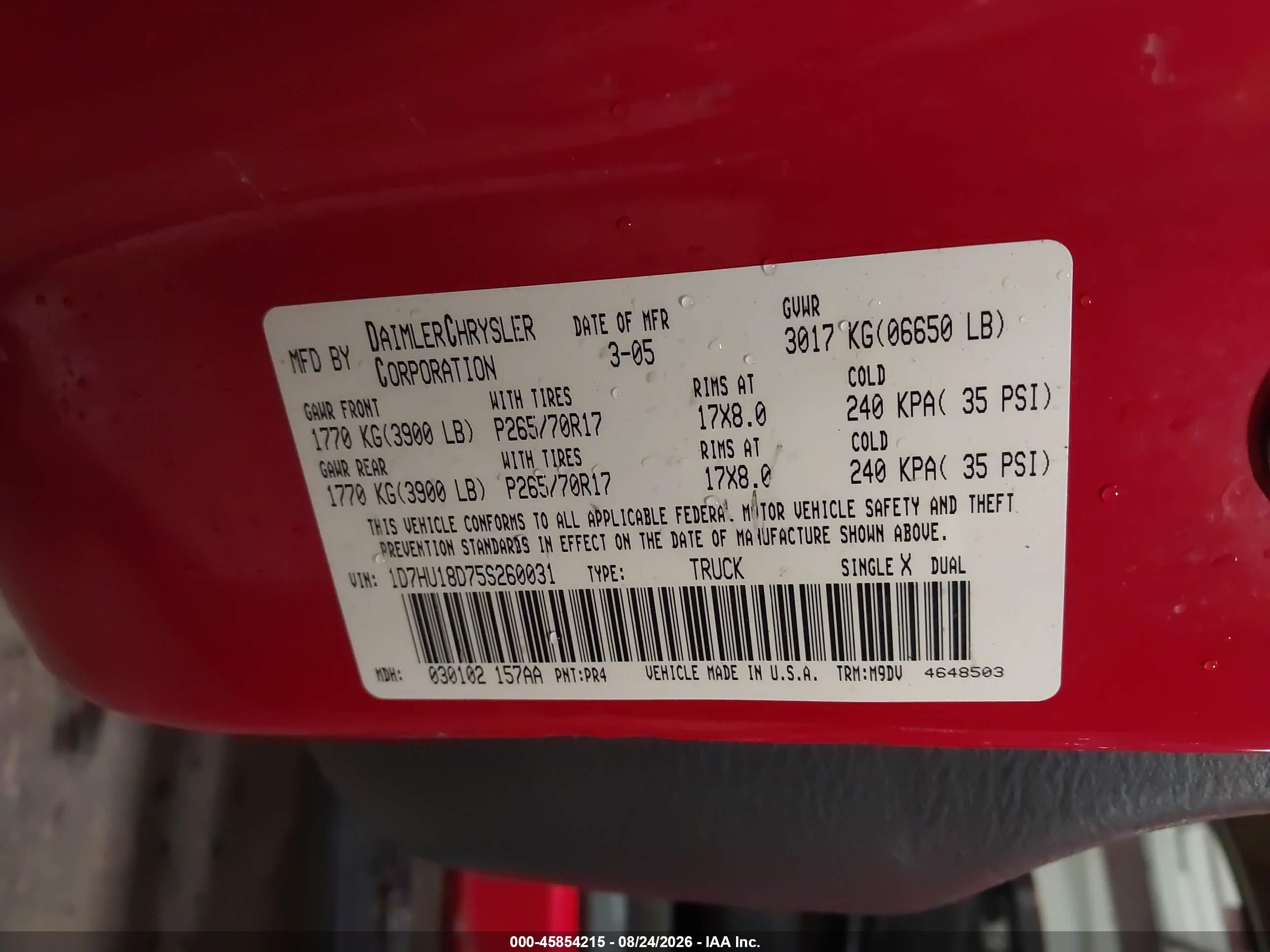 2005 Dodge Ram 1500 Slt/laramie Красный vin: 1D7HU18D75S260031