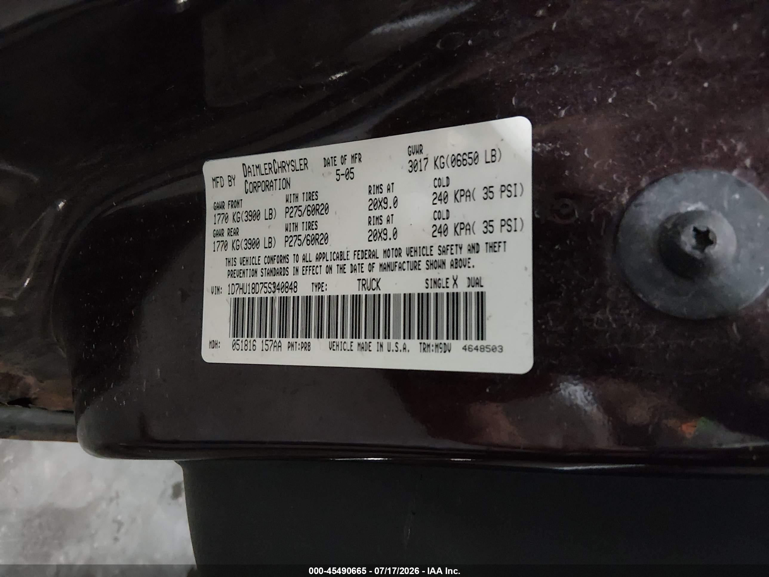 2005 Dodge Ram 1500 Slt/laramie Maroon vin: 1D7HU18D75S340848