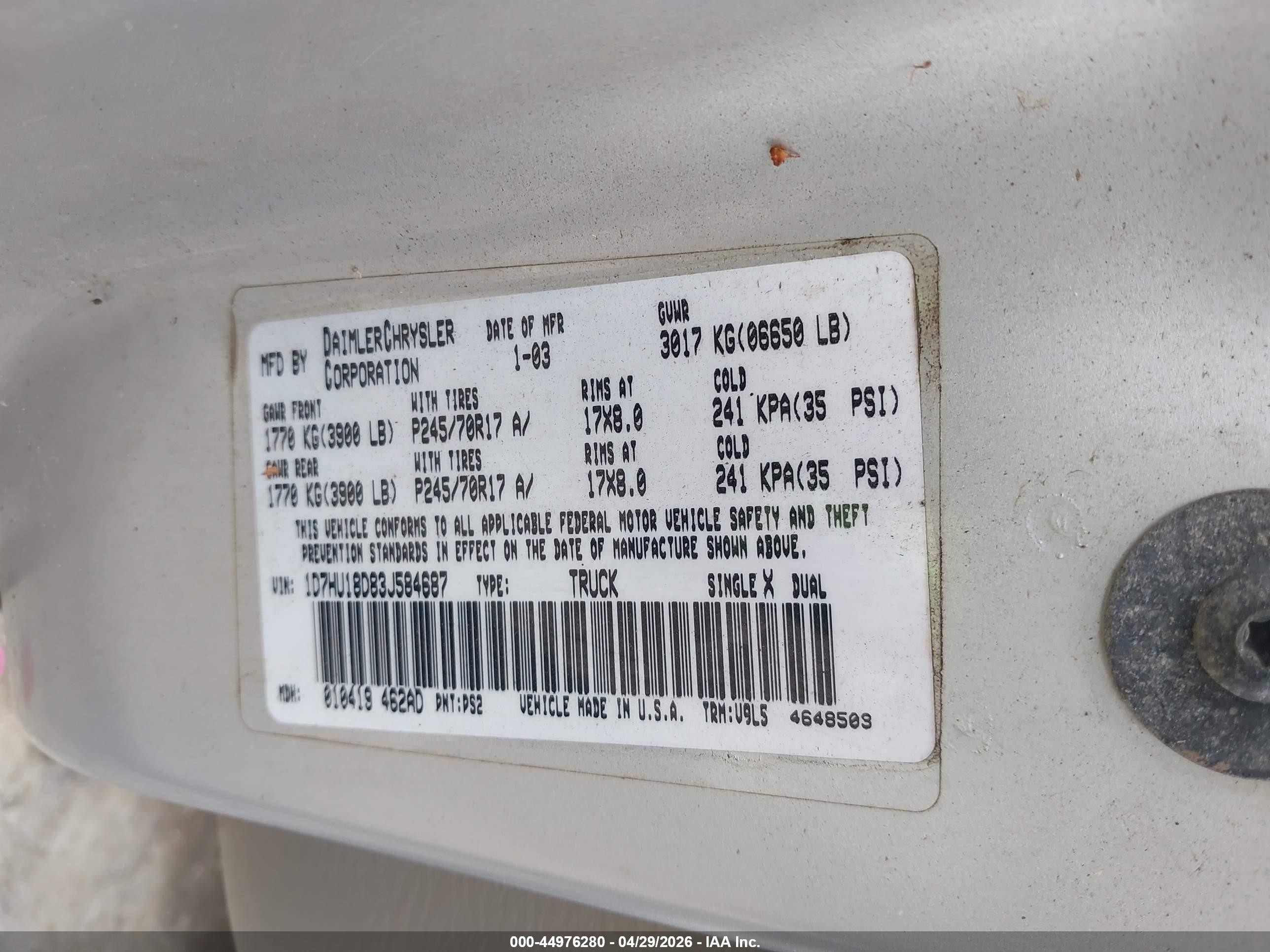 2003 Dodge Ram 1500 Slt/laramie/st Silver vin: 1D7HU18D83J584687