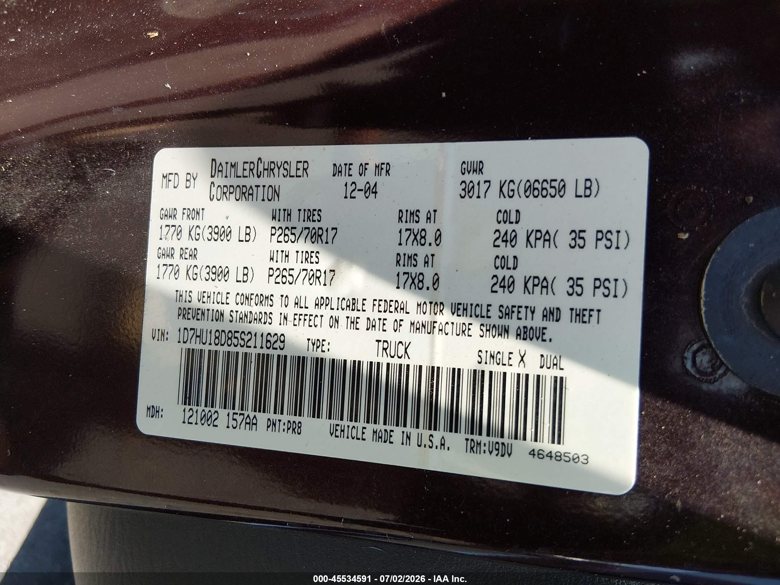 2005 Dodge Ram 1500 Slt/laramie Maroon vin: 1D7HU18D85S211629