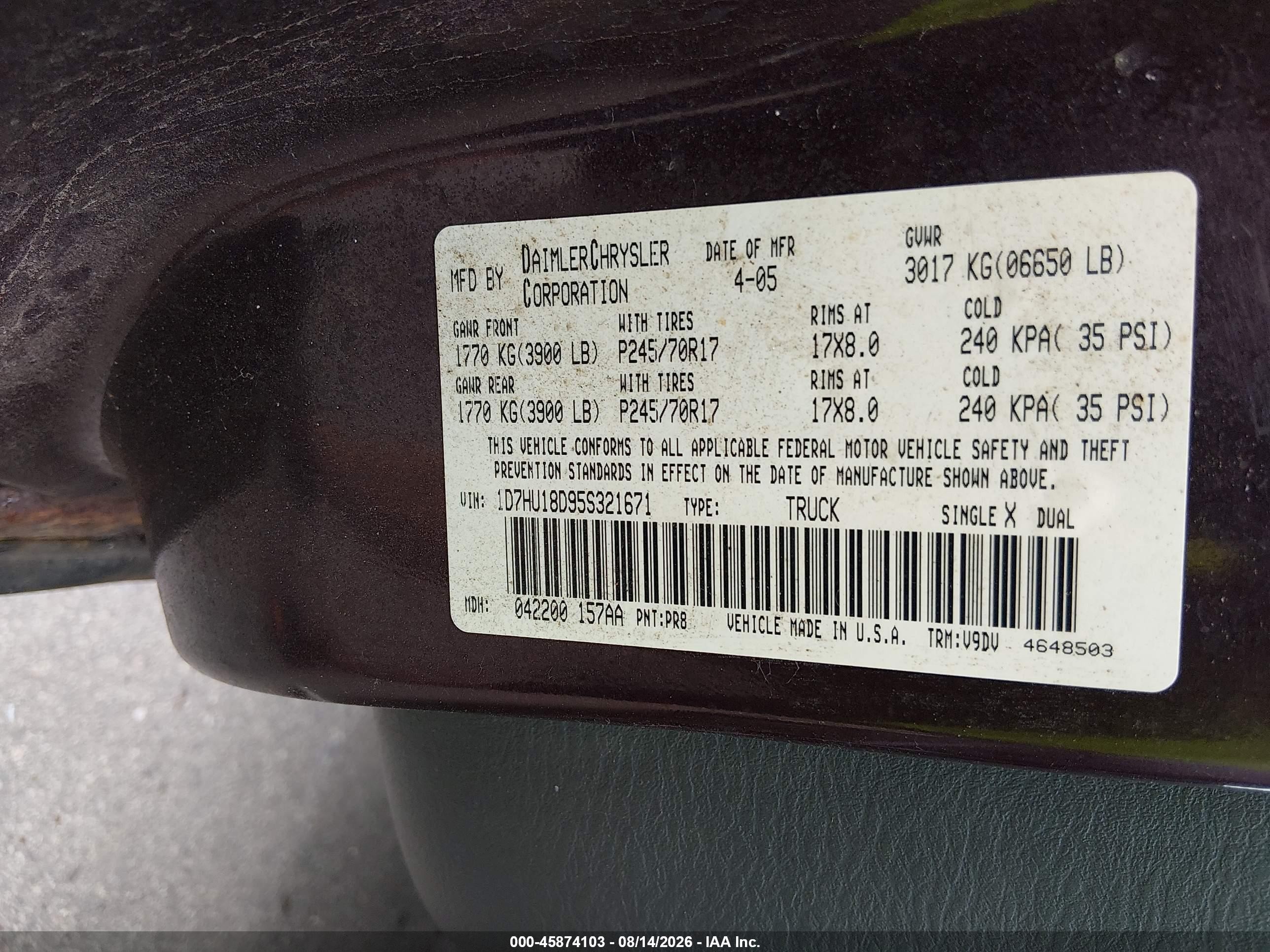 2005 Dodge Ram 1500 Slt/laramie Purple vin: 1D7HU18D95S321671