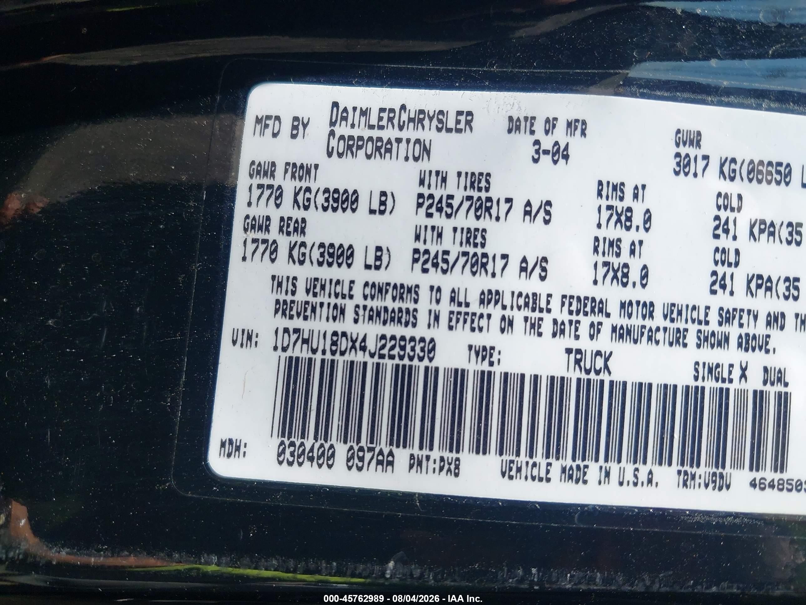 2004 Dodge Ram 1500 Slt/laramie Black vin: 1D7HU18DX4J229330