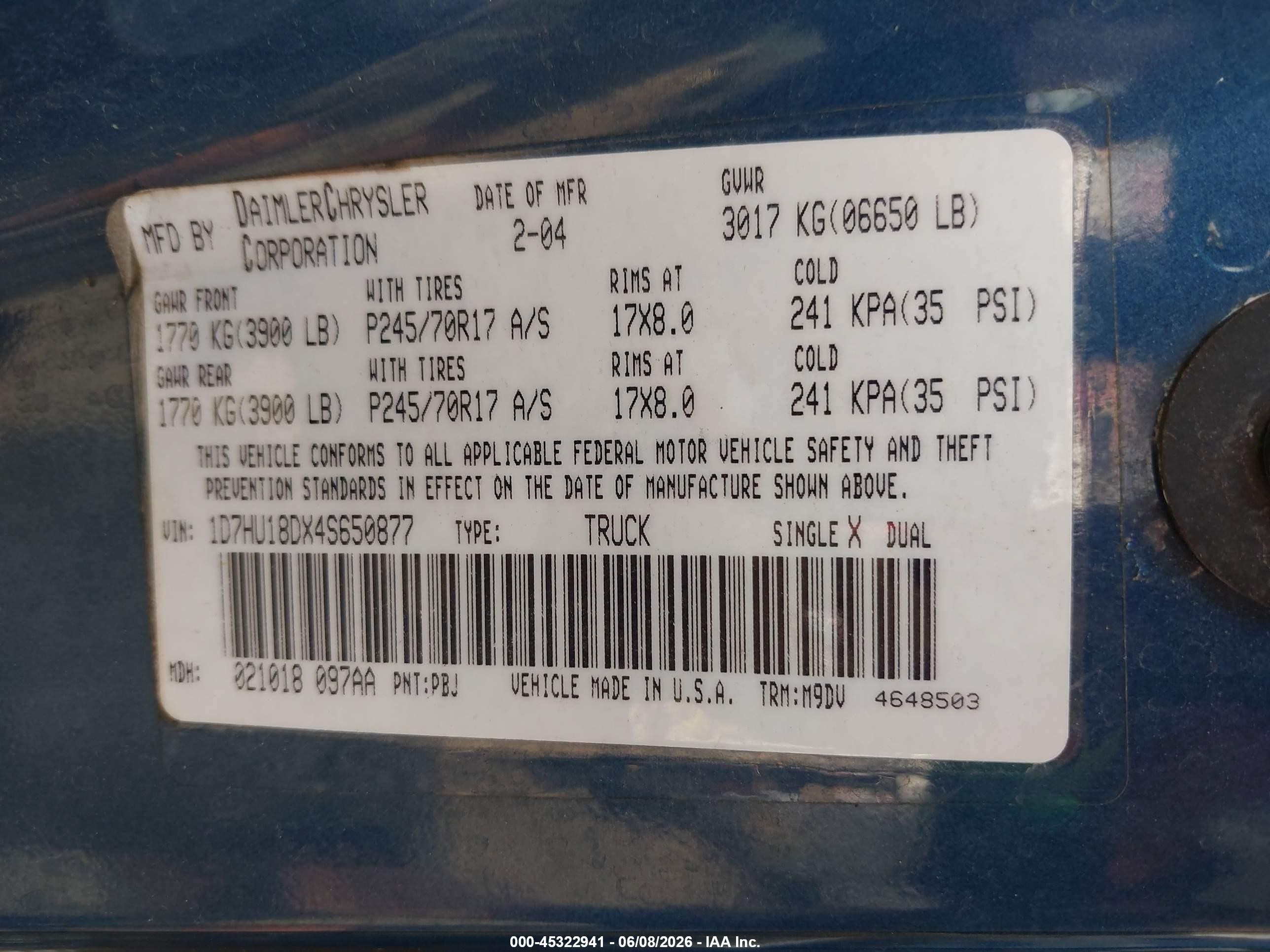 2004 Dodge Ram 1500 Slt/laramie Blue vin: 1D7HU18DX4S650877