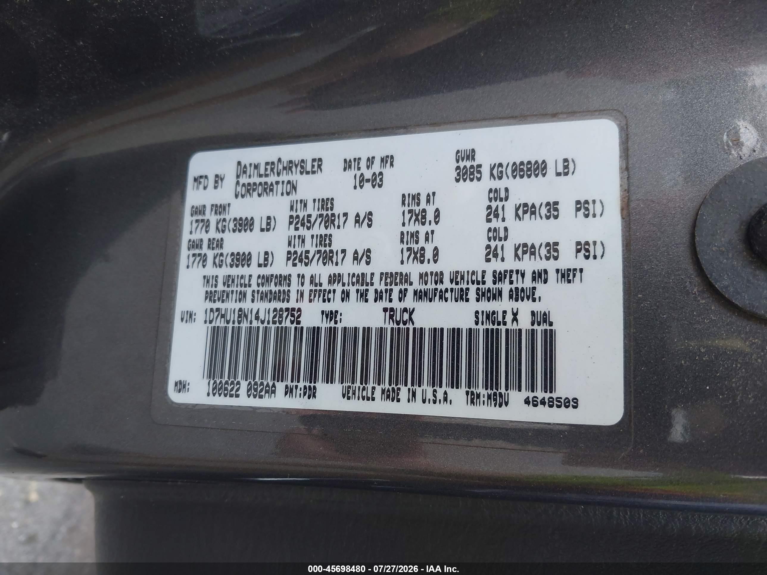 2004 Dodge Ram 1500 Slt/laramie Серый vin: 1D7HU18N14J128752