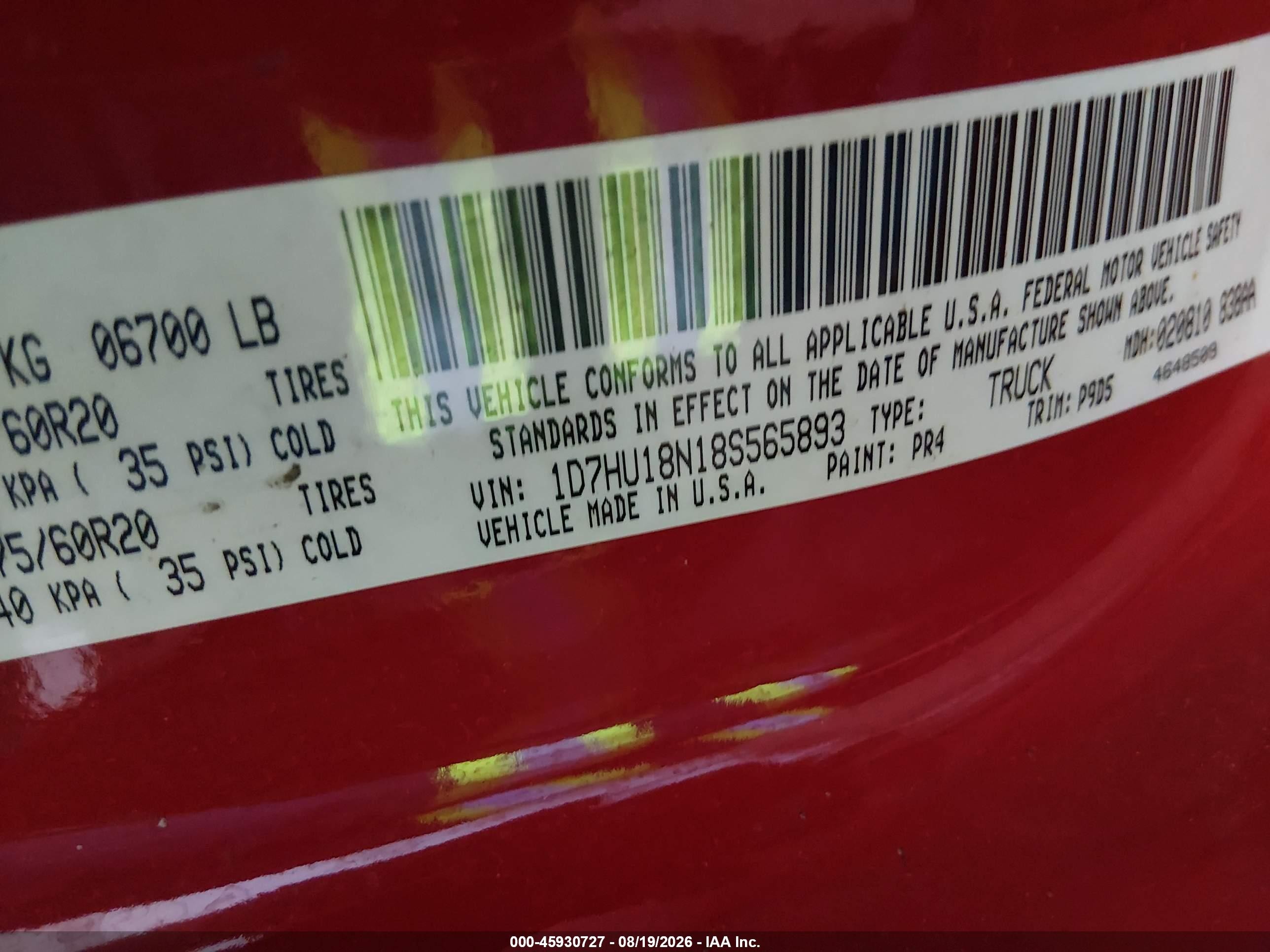 2008 Dodge Ram 1500 Slt Red vin: 1D7HU18N18S565893