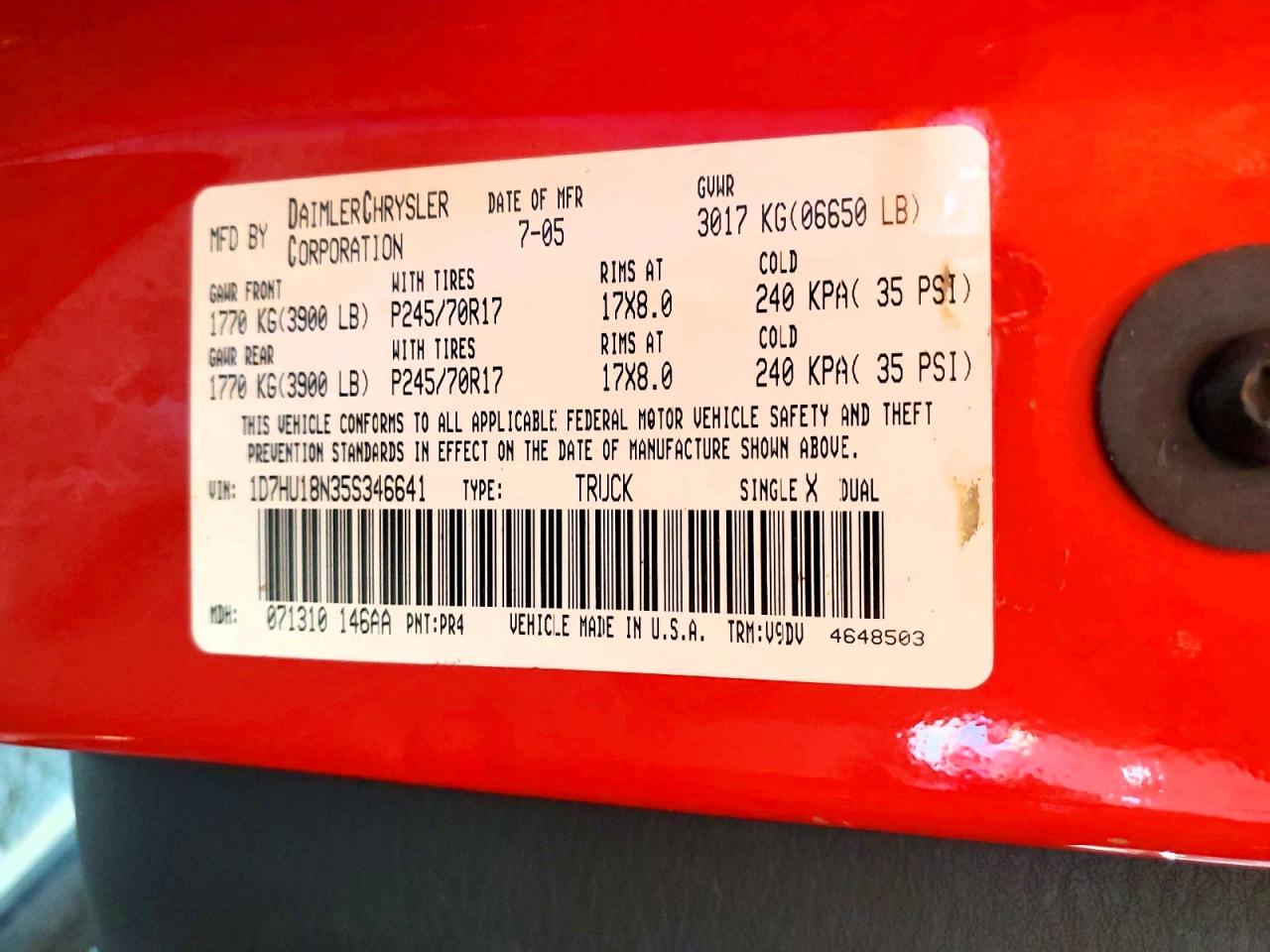 2005 Dodge Ram 1500 Red vin: 1D7HU18N35S346641