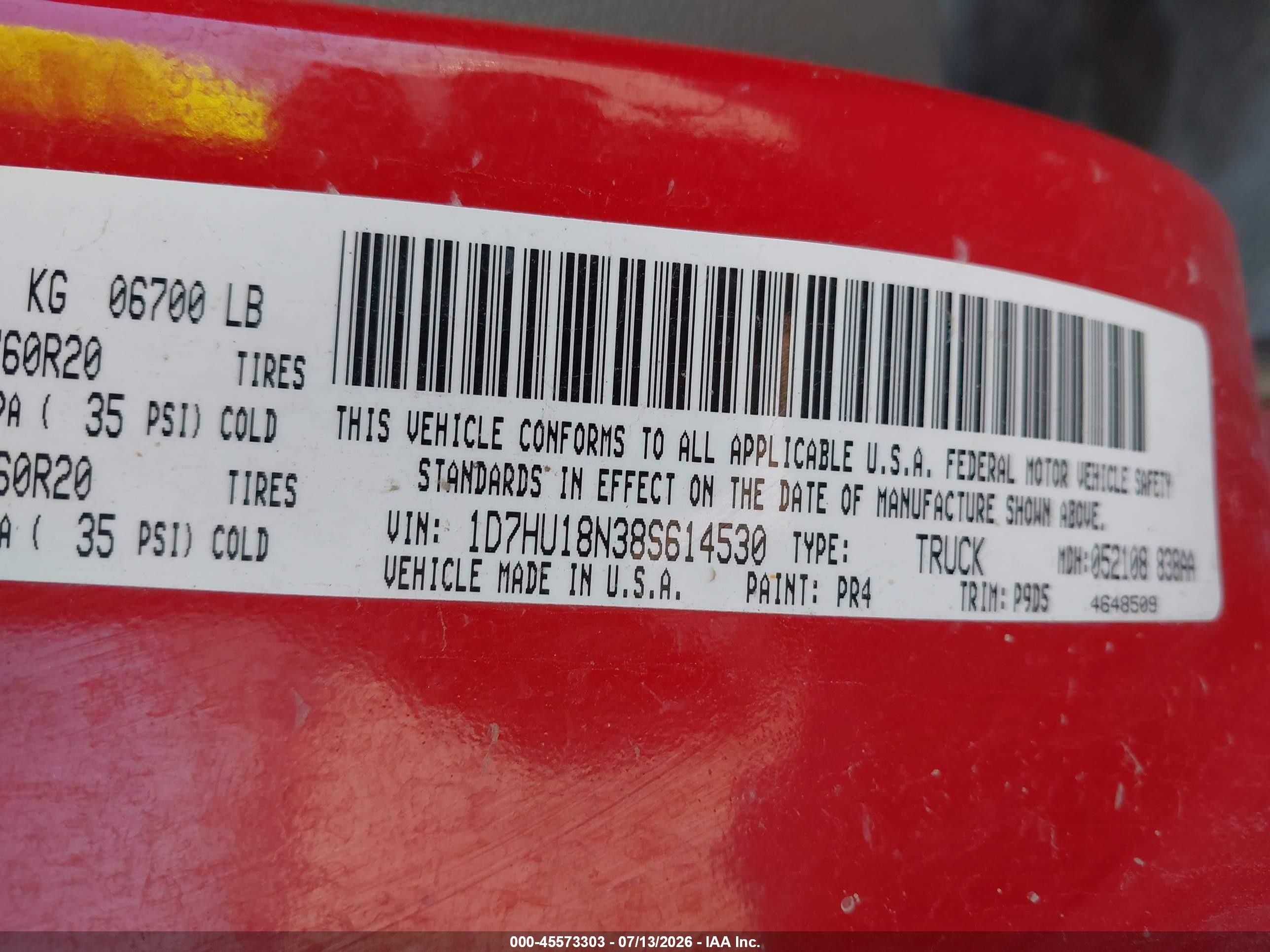 2008 Dodge Ram 1500 Slt Red vin: 1D7HU18N38S614530