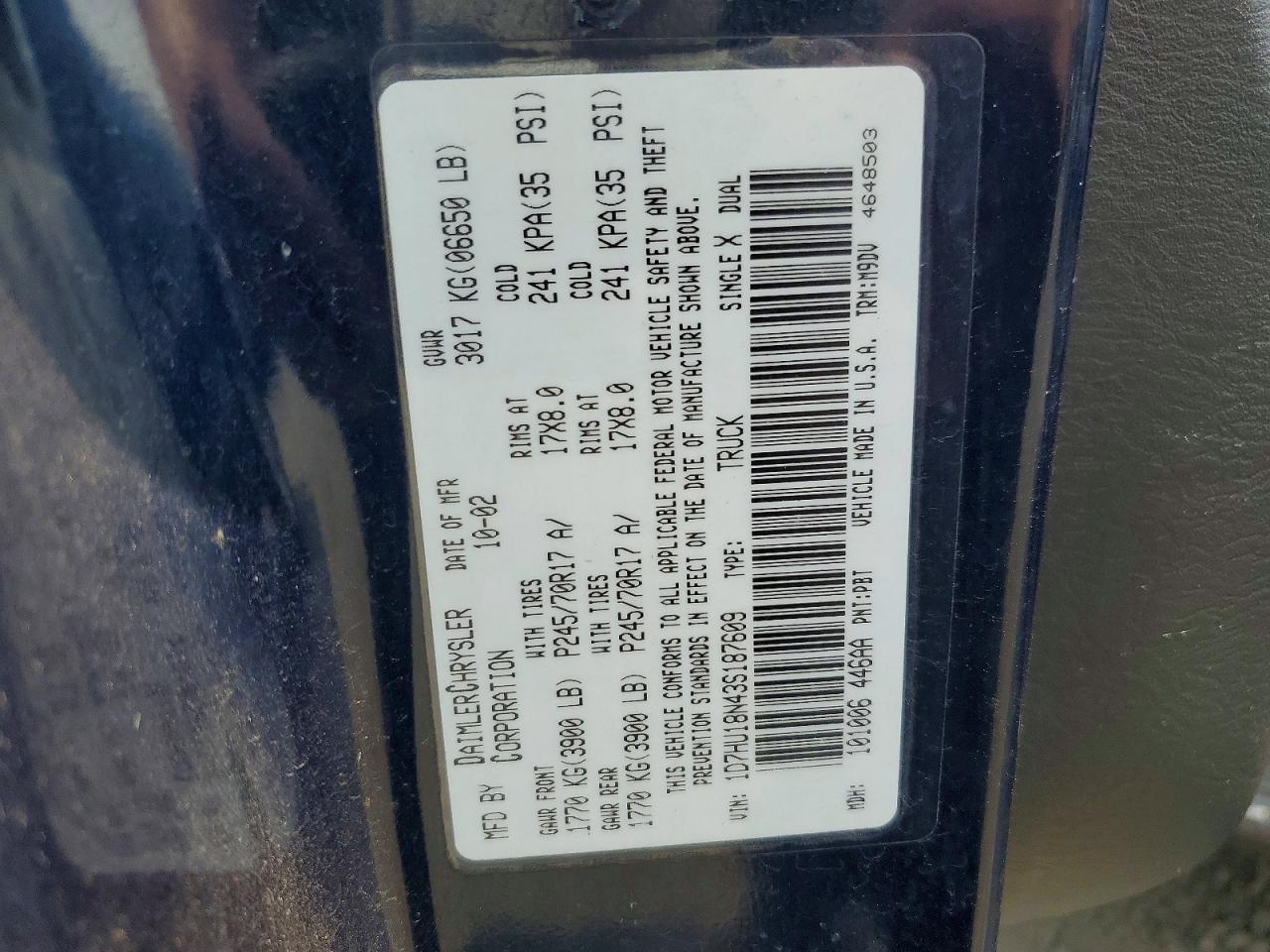 2003 Dodge 1500br Blue vin: 1D7HU18N43S187609