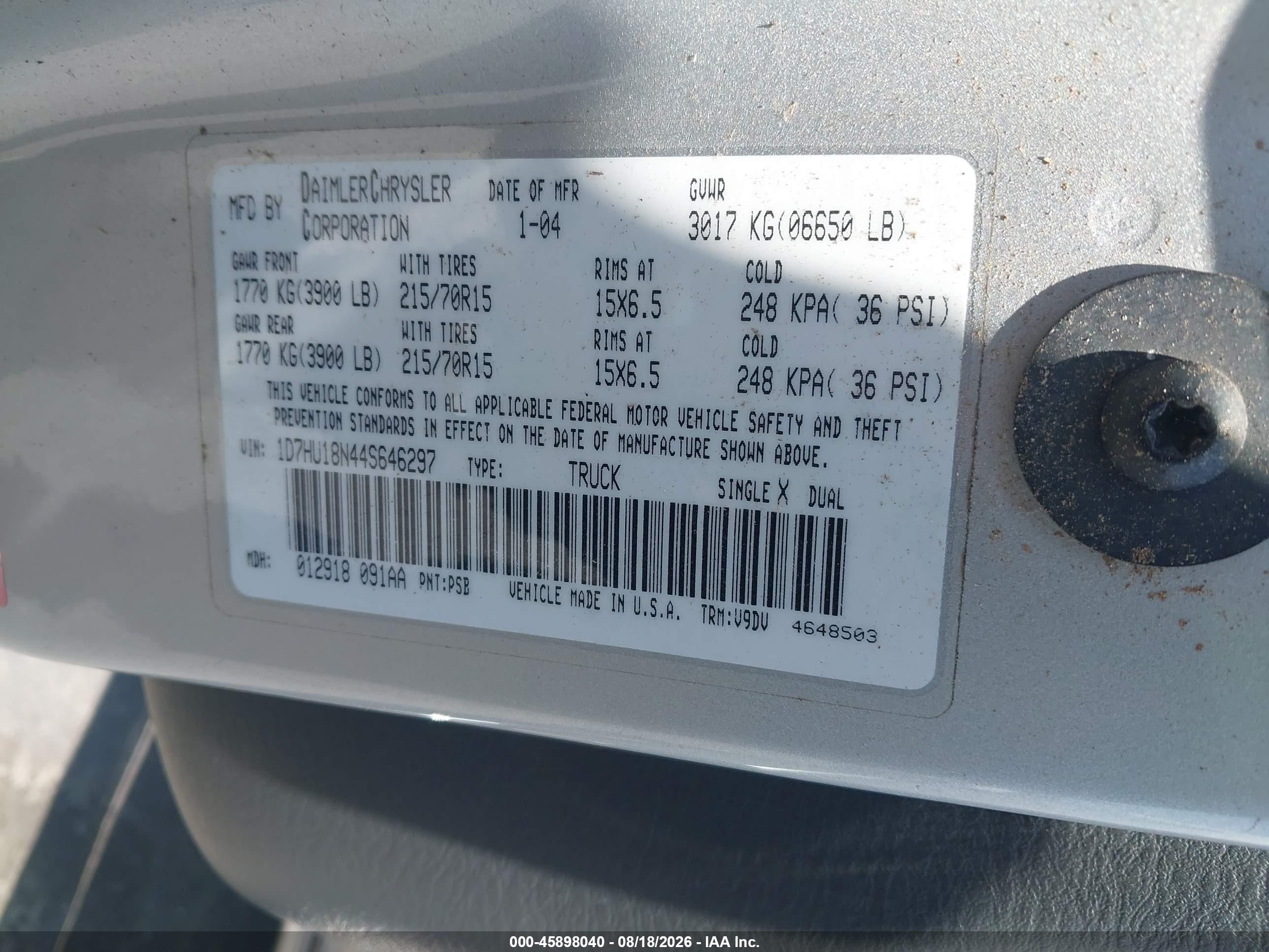 2004 Dodge Ram 1500 Slt/laramie Silver vin: 1D7HU18N44S646297
