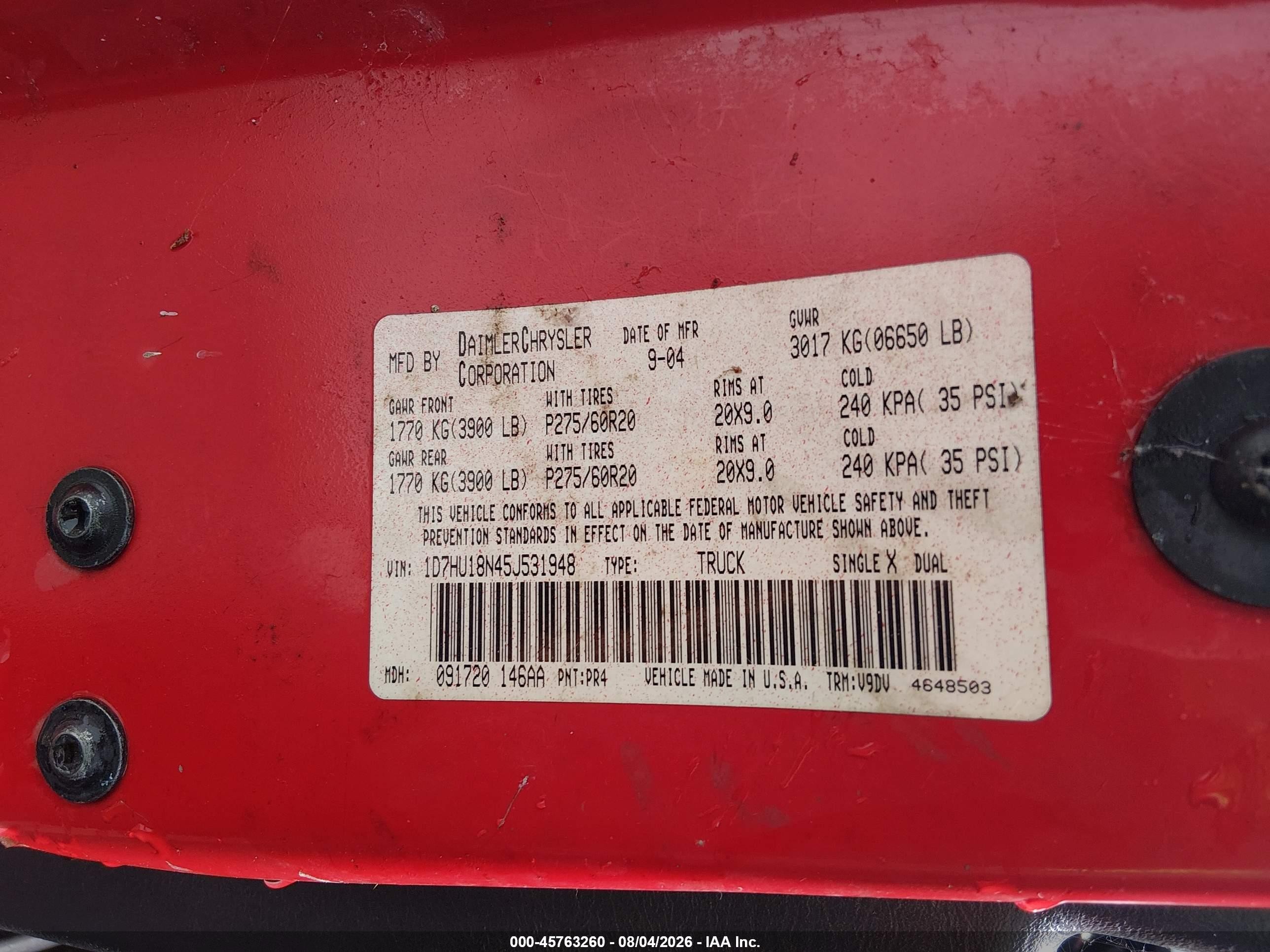 2005 Dodge Ram 1500 Slt/laramie Red vin: 1D7HU18N45J531948