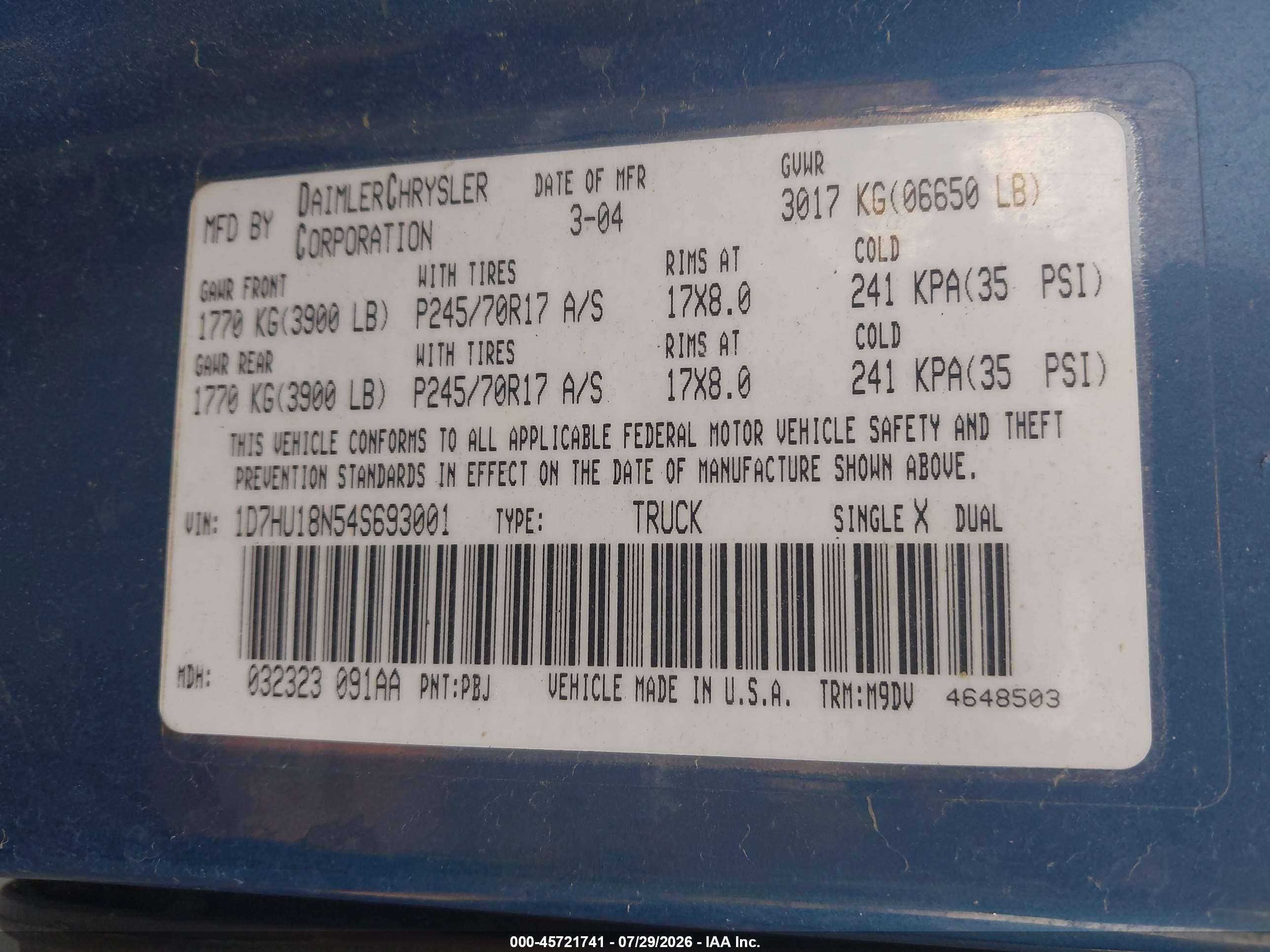 2004 Dodge Ram 1500 Slt/laramie Blue vin: 1D7HU18N54S693001